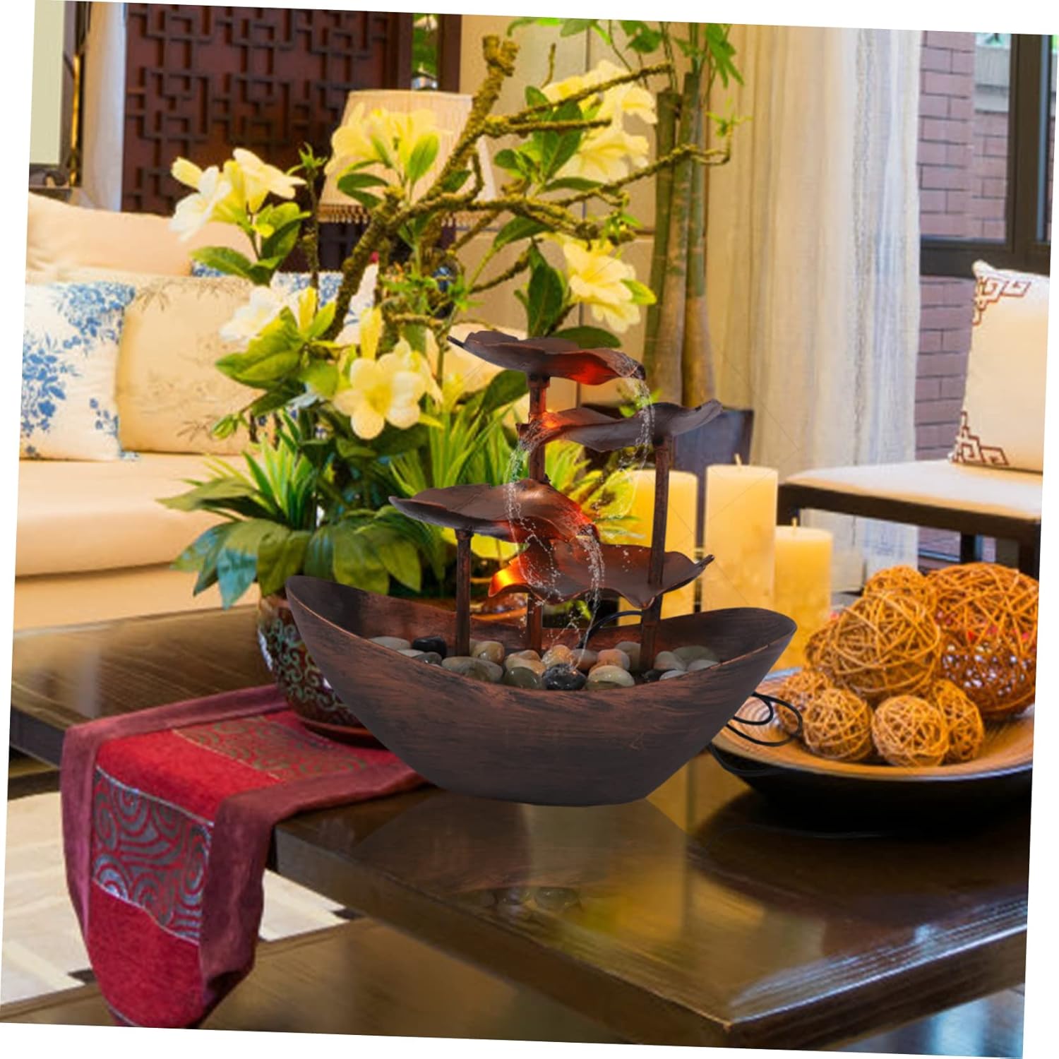 Luxshiny Waterfall Decor Tabletop Fountain with LED Light