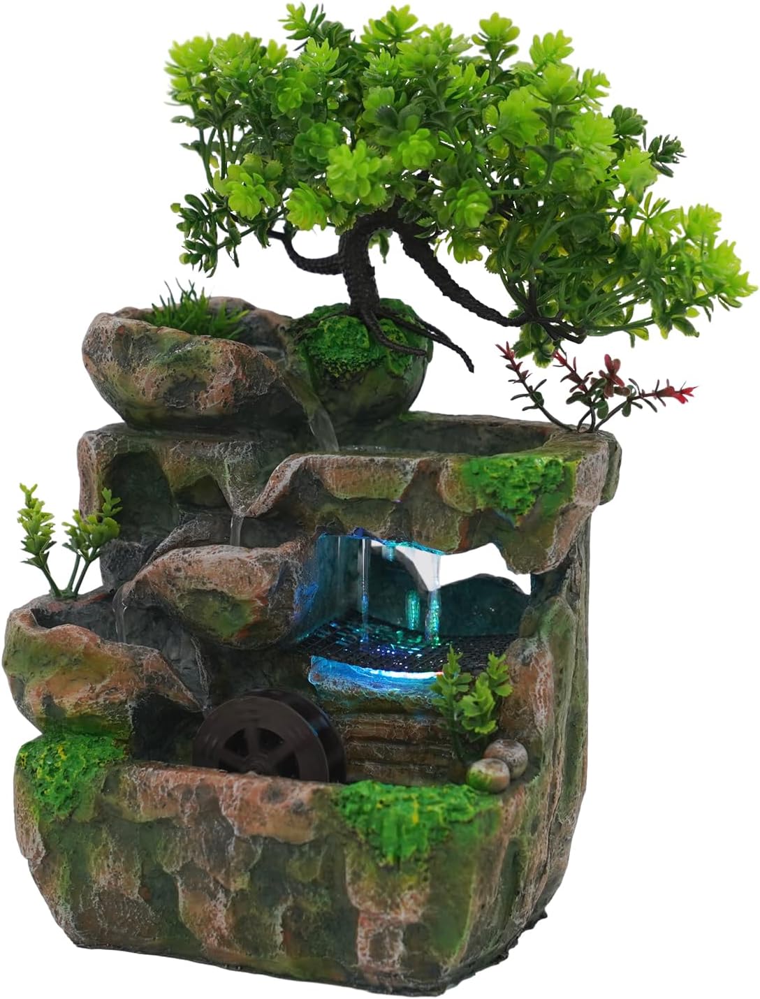 Tabletop Water Fountain with LED Light and Artificial Tree