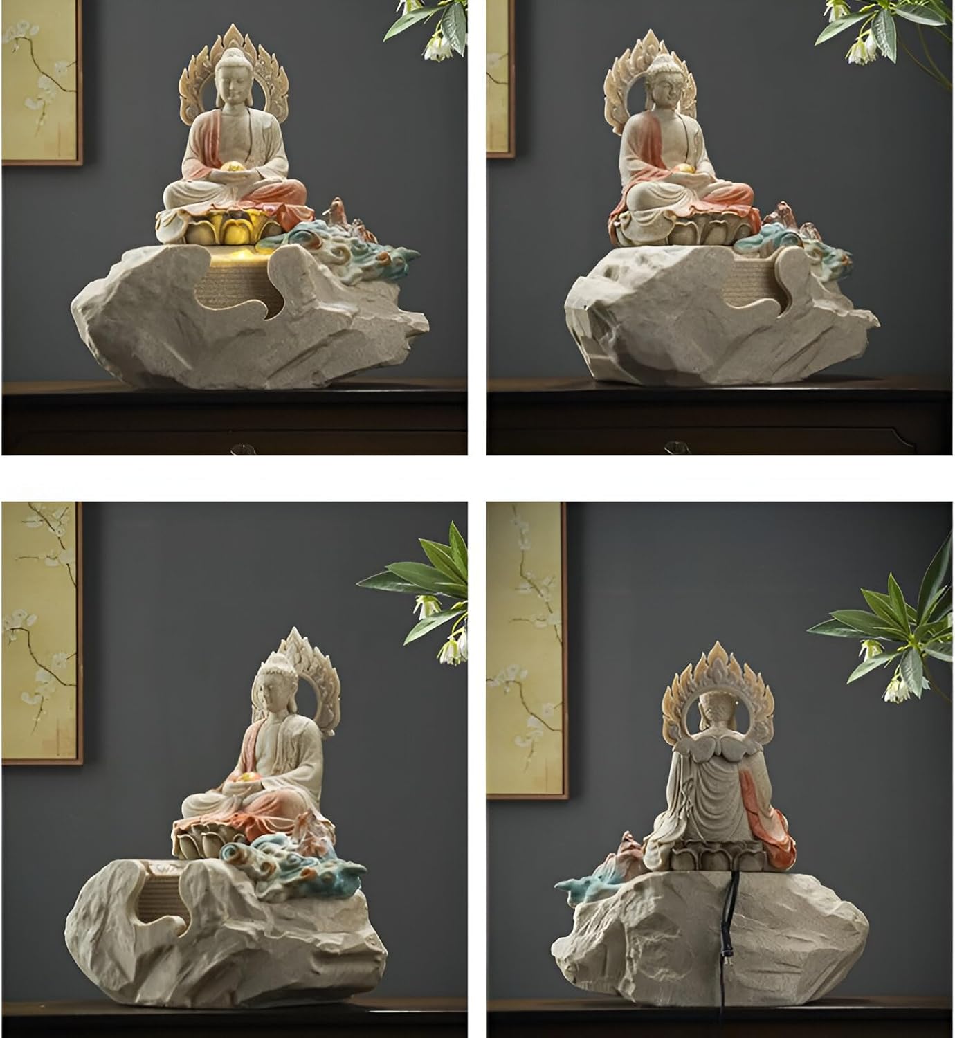 Zen Buddha Tabletop Fountain with LED Lights and Crystals