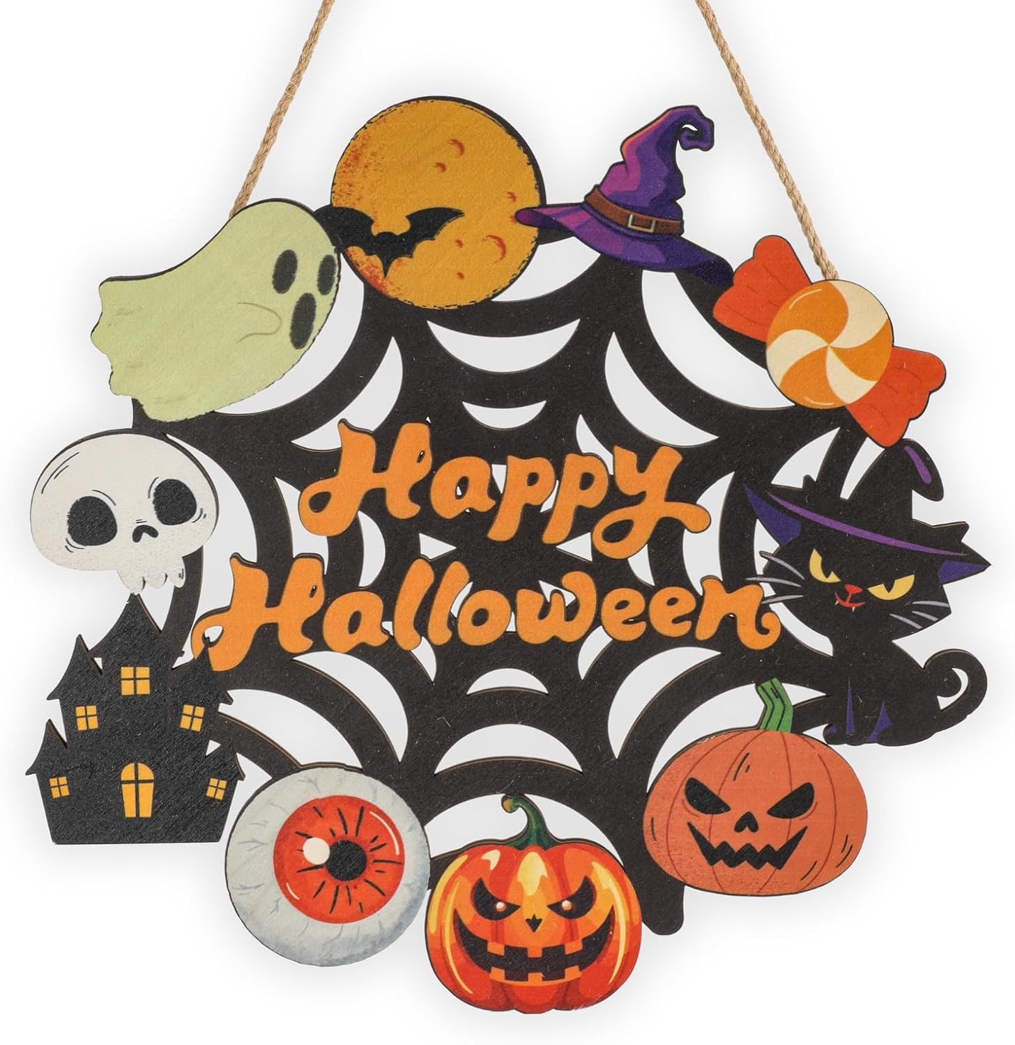 Halloween Wooden Wreath - Happy Halloween Door Sign Decor