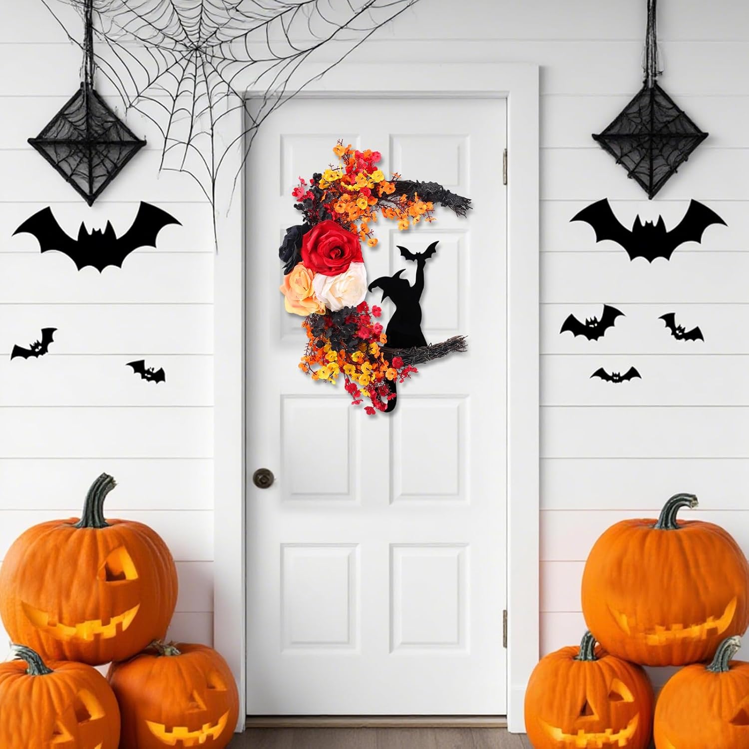 2025 Halloween Door Wreath Black Cat and White Rose