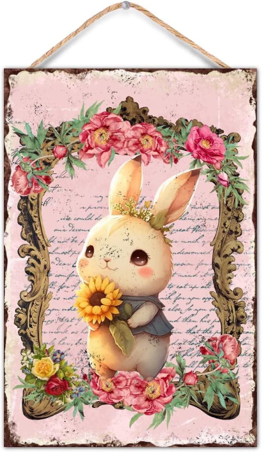 Easter Bunny Rabbit Welcome Sign for Front Door Decor