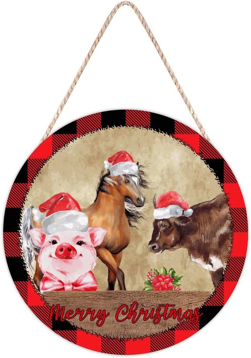 Farmhouse Door Hanger with Santa Hat and Farm Animals