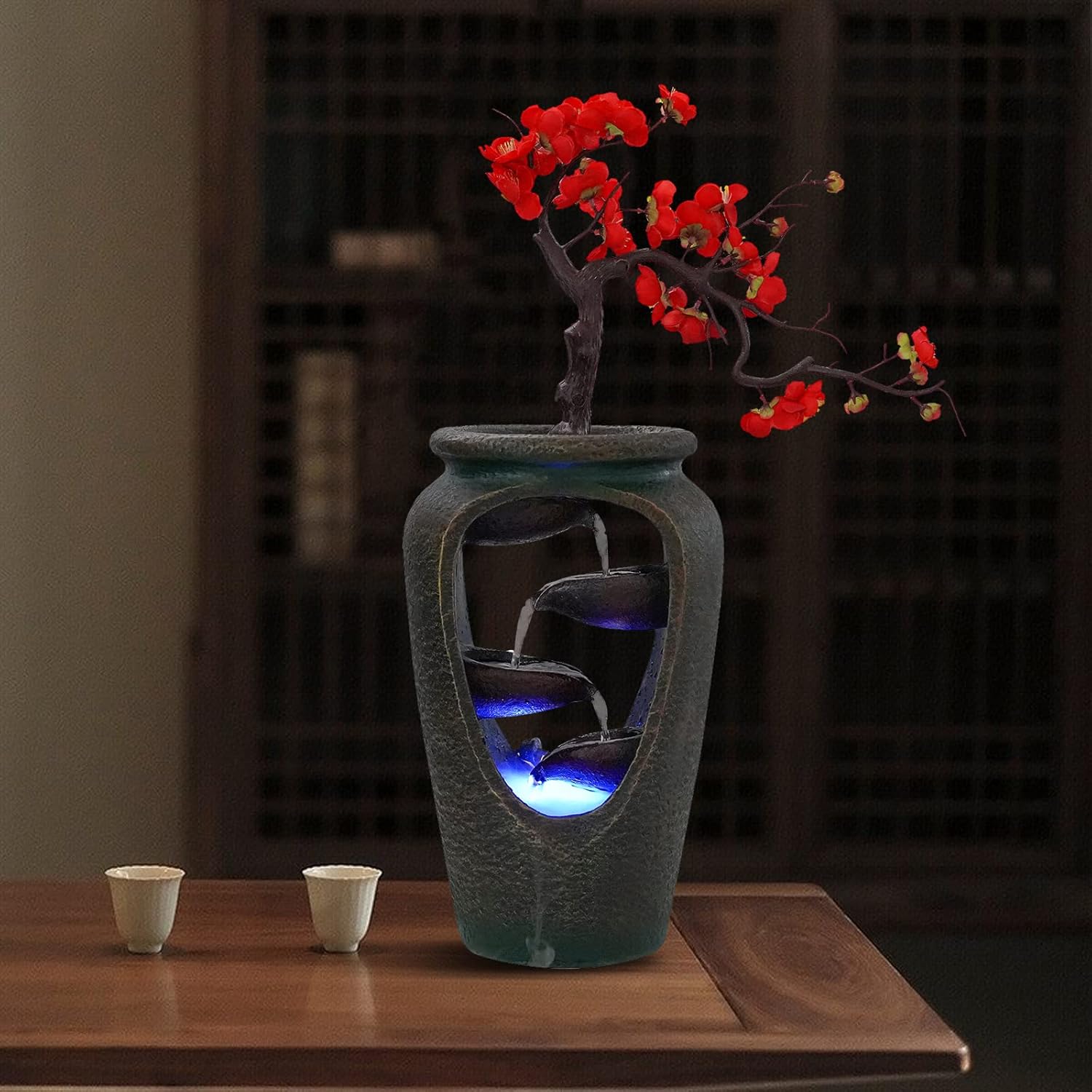 20 Inch Tabletop Decorative Flower Vase Water Fountain Humidifier with LED Lights