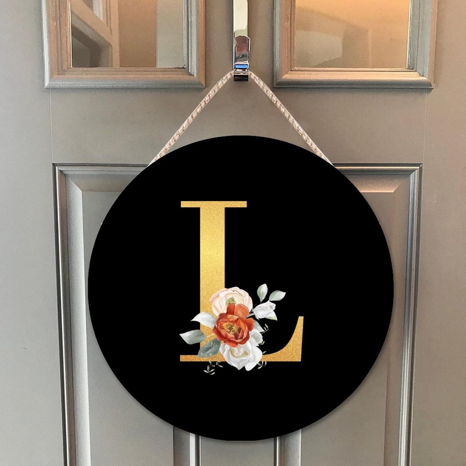 Farmhouse Front Door Hanger Rose Gold Initial Letter L Wood Sign 10x10in