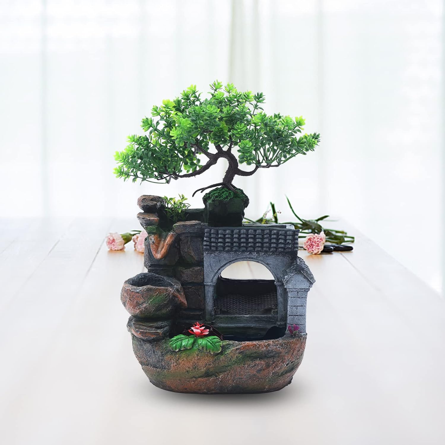 WINNIESHOP Indoor Tabletop Waterfall Fountain with Lights and Plants