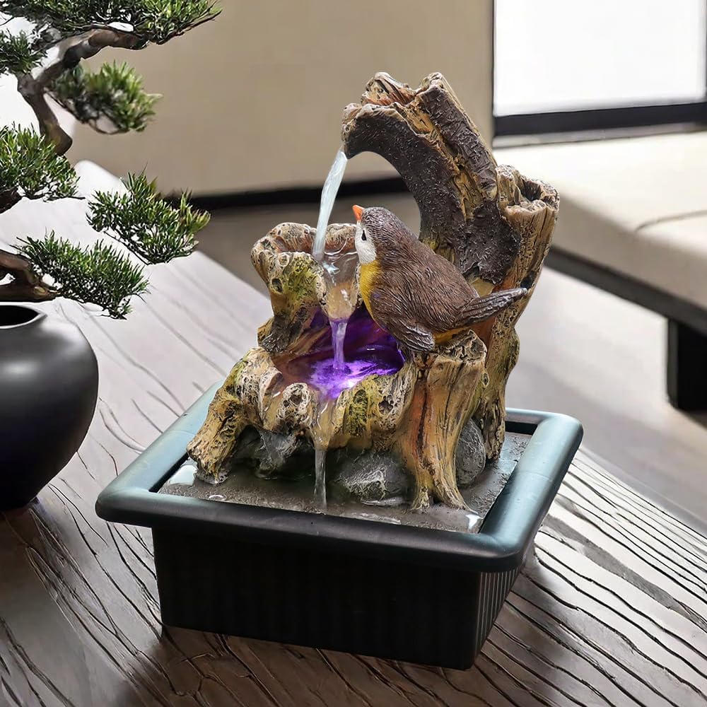 Rock Cascading Tabletop Water Fountain with LED Light Yellow Bird