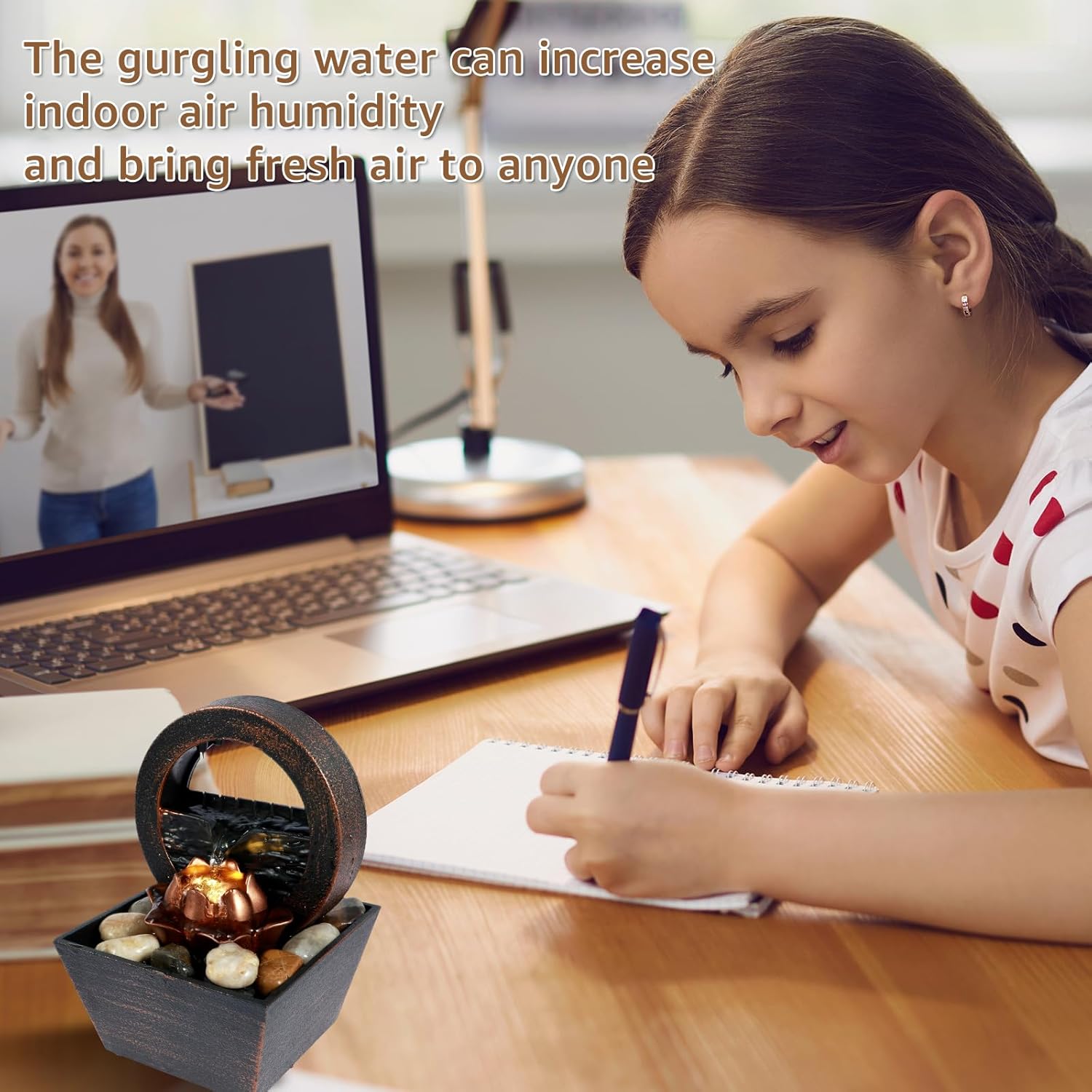 Tabletop Fountain with Light and Waterfall Sound for Relaxation and Meditation