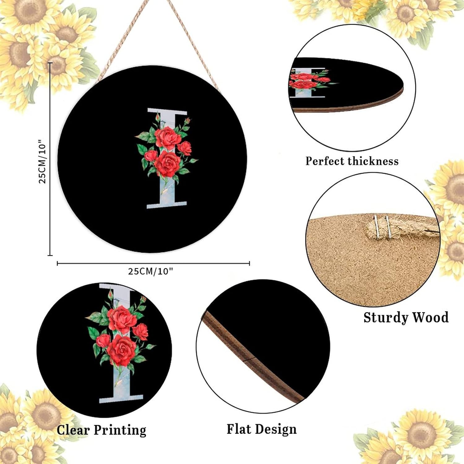 Farmhouse Front Door Hanger Red Flowers Marble Initial Letter I Wood Sign for Kids Girls Women 10x10in