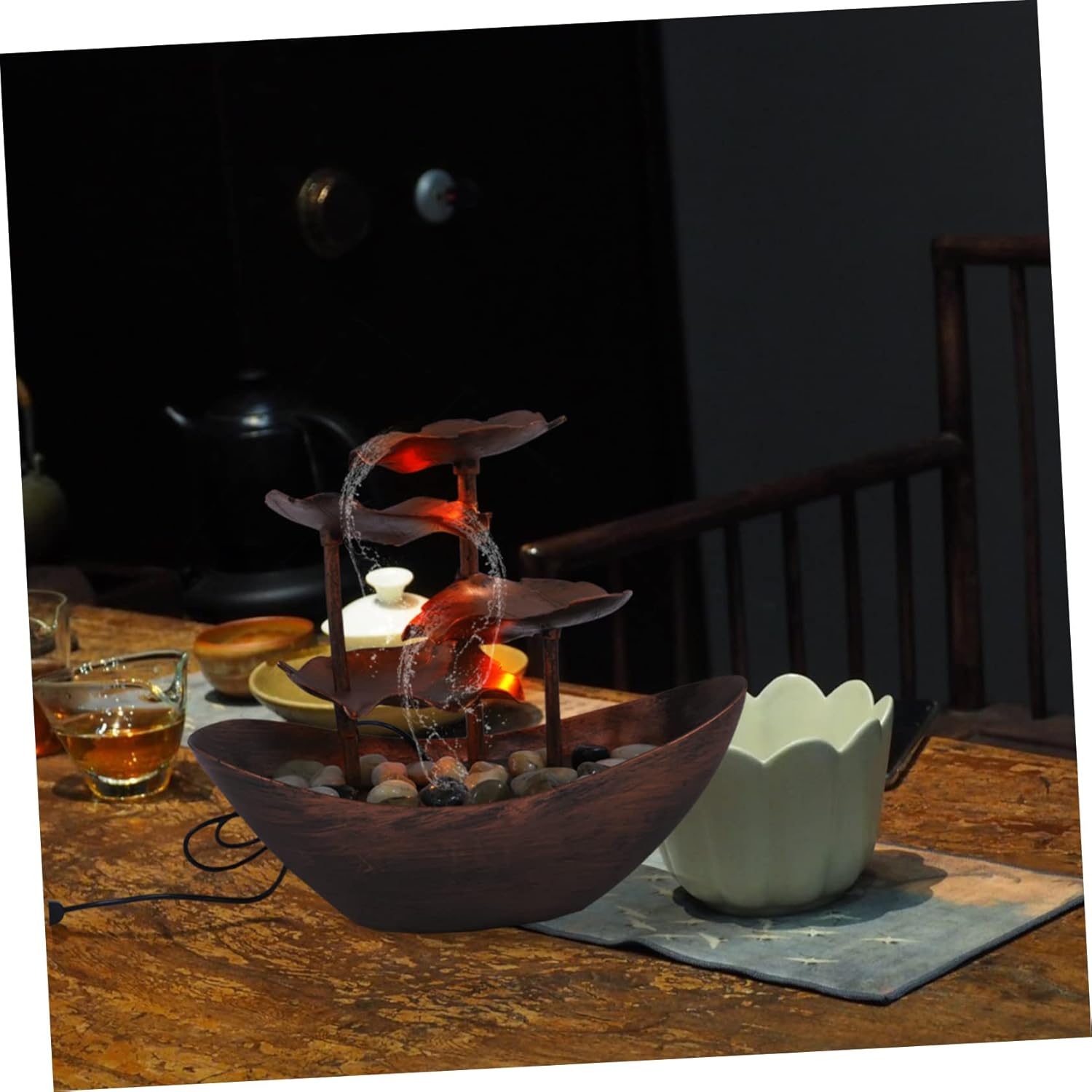 Luxshiny Waterfall Decor Tabletop Fountain with LED Light