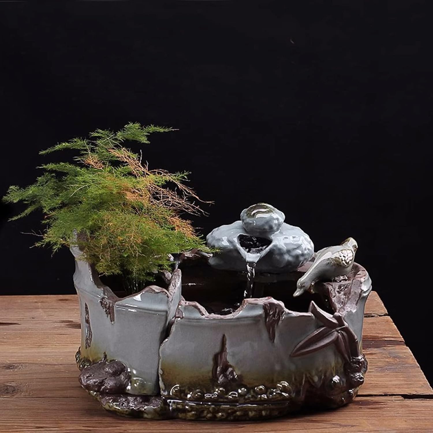 Tabletop Ceramic Fountain with Bamboo Basin Design