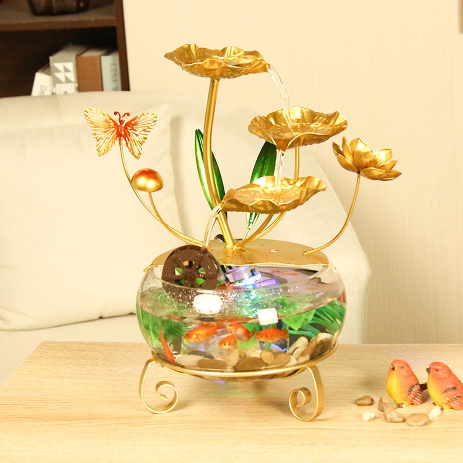 Modern Lotus Leaf Tabletop Fountain with LED Light and Butterfly Design