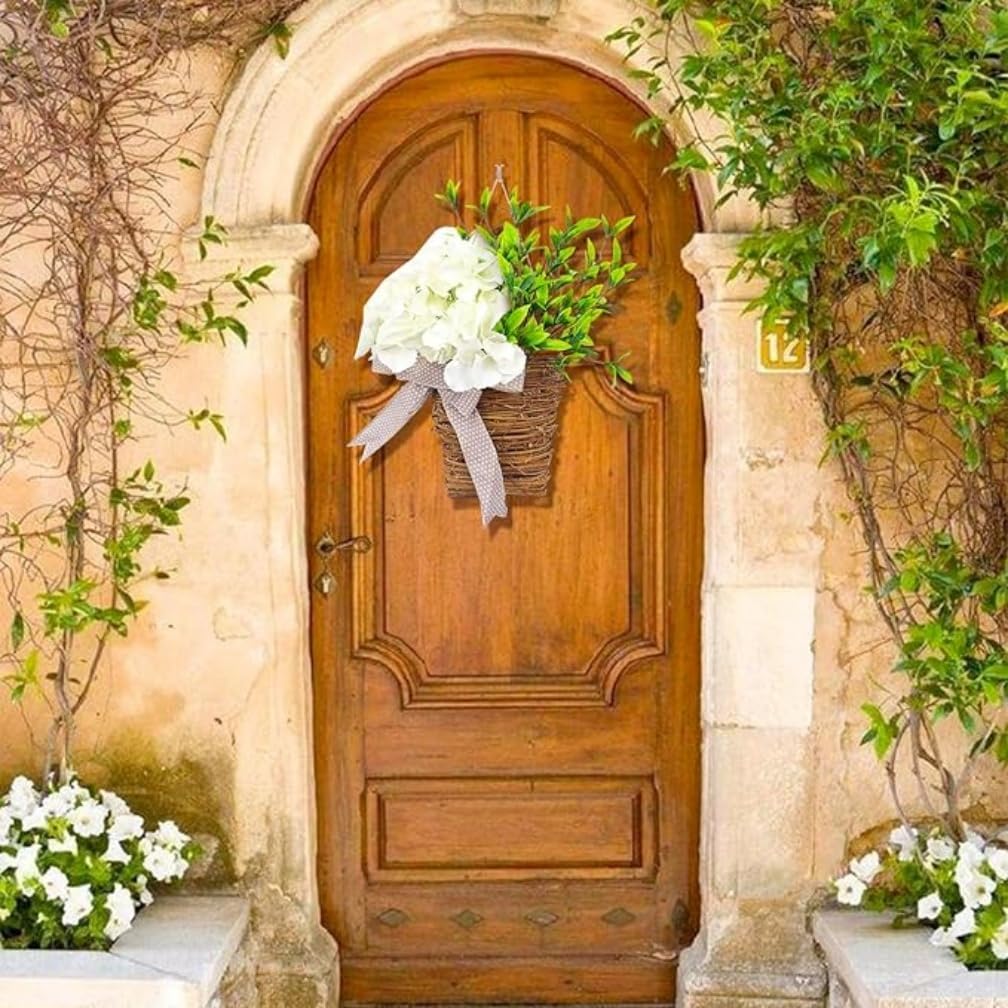 Cream Hydrangea Wreath Door Decor Basket