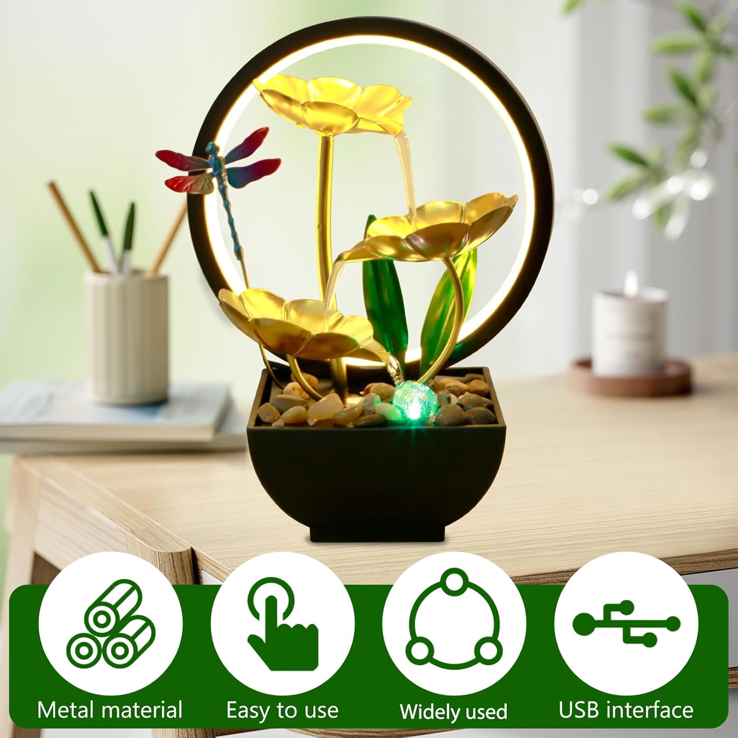 Dragonfly Tabletop Water Fountain with LED Ring Light and Humidifier