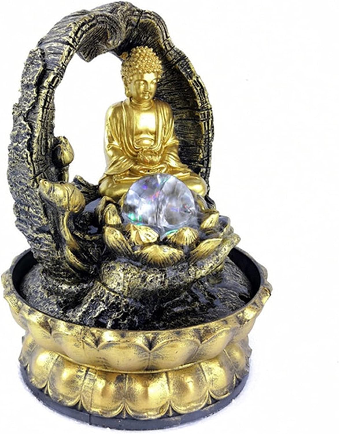 Golden Lotus Buddha Desktop Water Fountain with Glowing Ball
