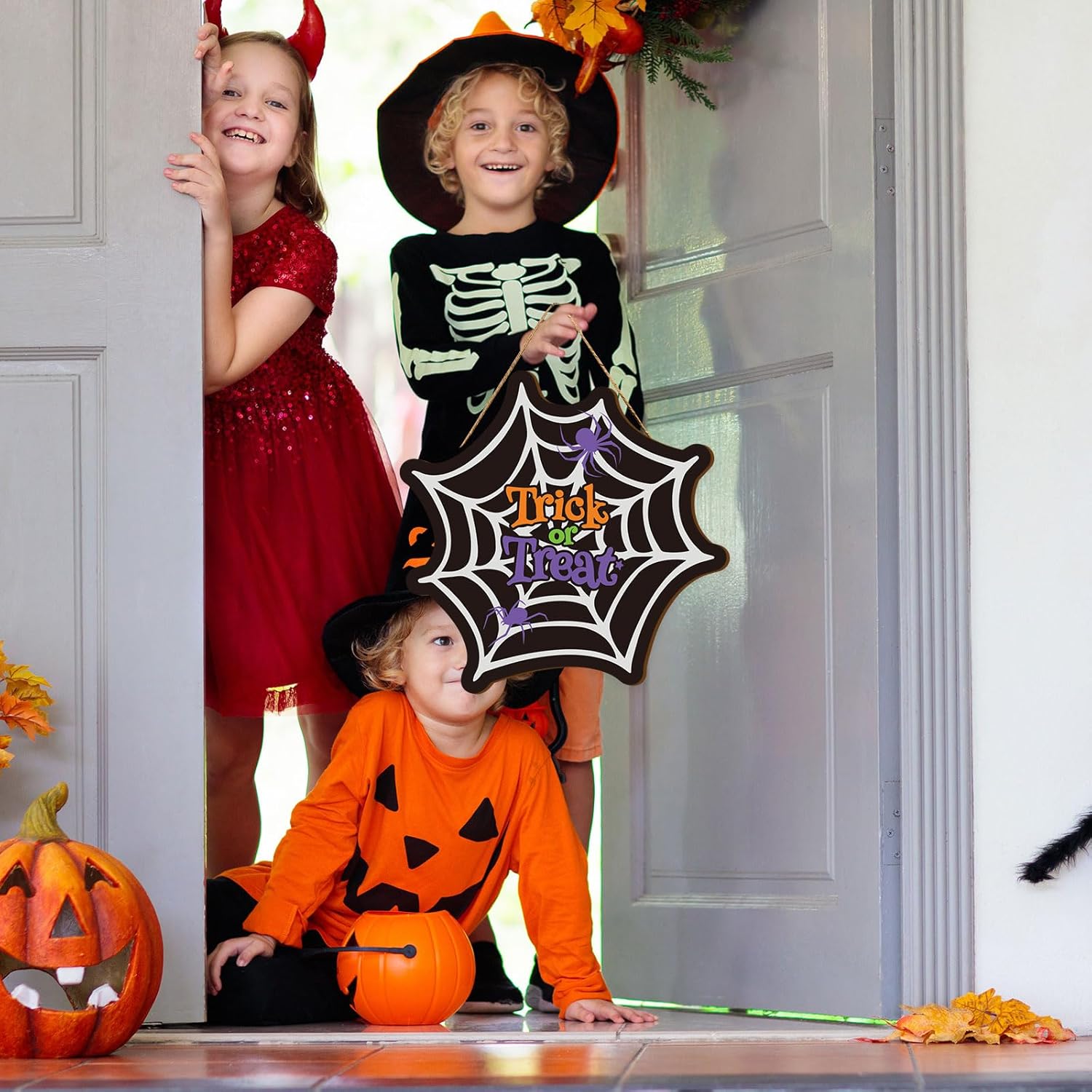 Whaline Halloween Spider Web Door Sign Wooden Hanging Welcome Wreath
