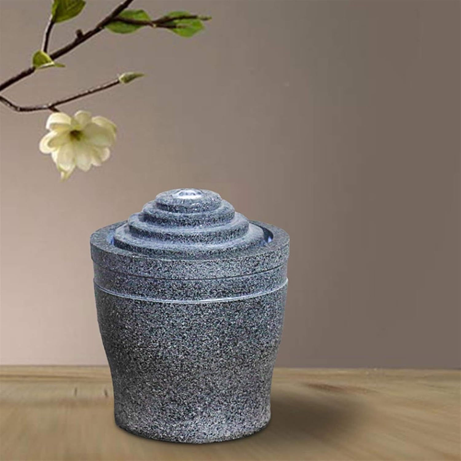Gray Tabletop Fountain with Built-in Pump and LED Light