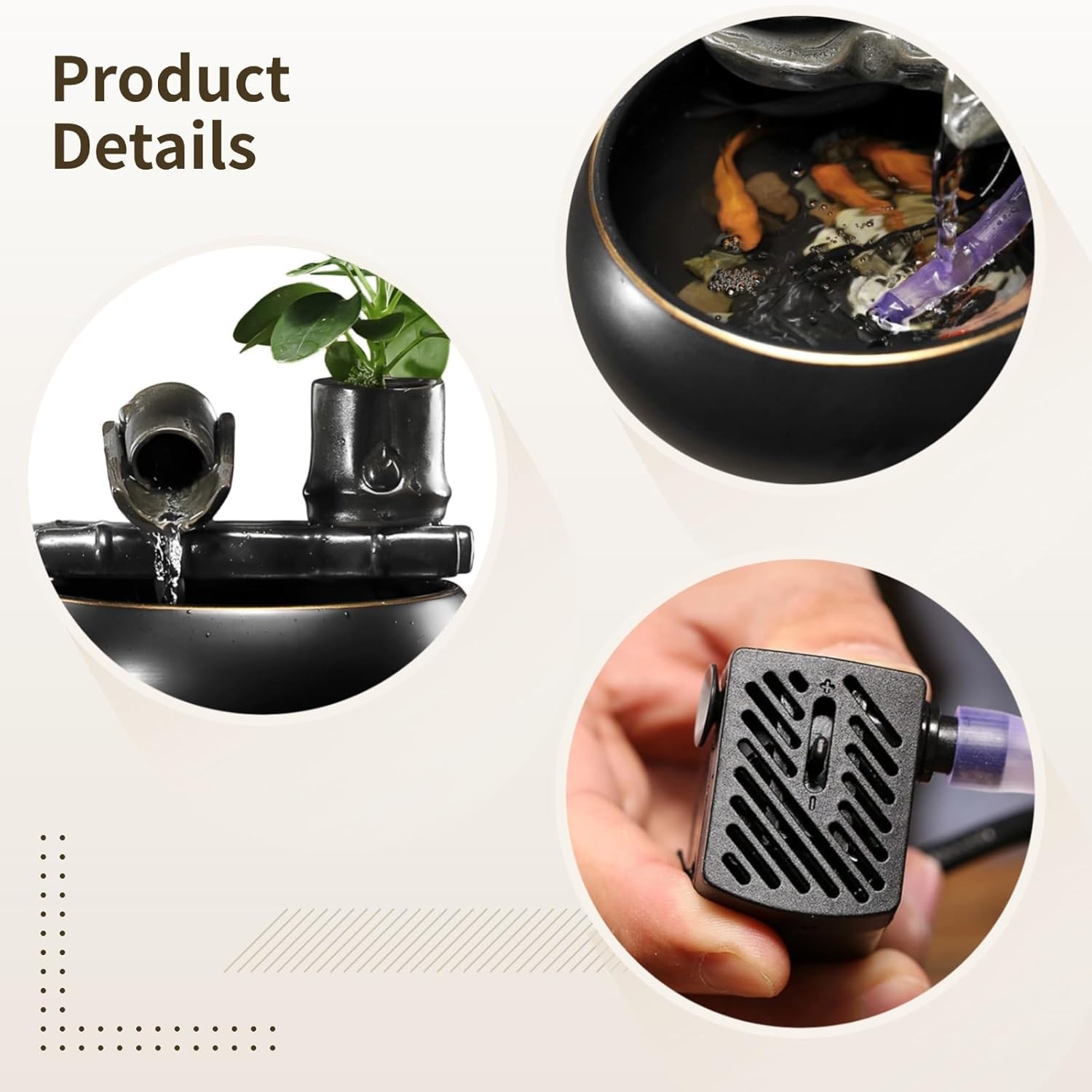 Ceramic Tabletop Fountain with Bamboo Water Feature Black Gloss