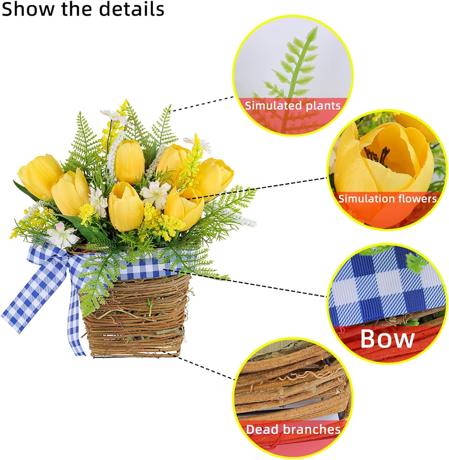 Belupai Spring Door Wreath with Artificial Tulips and Plaid Bow