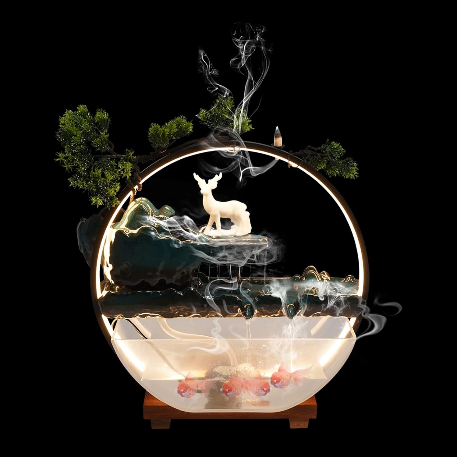 Tabletop Fountain with LED Light Loop Deer and Fish Decor