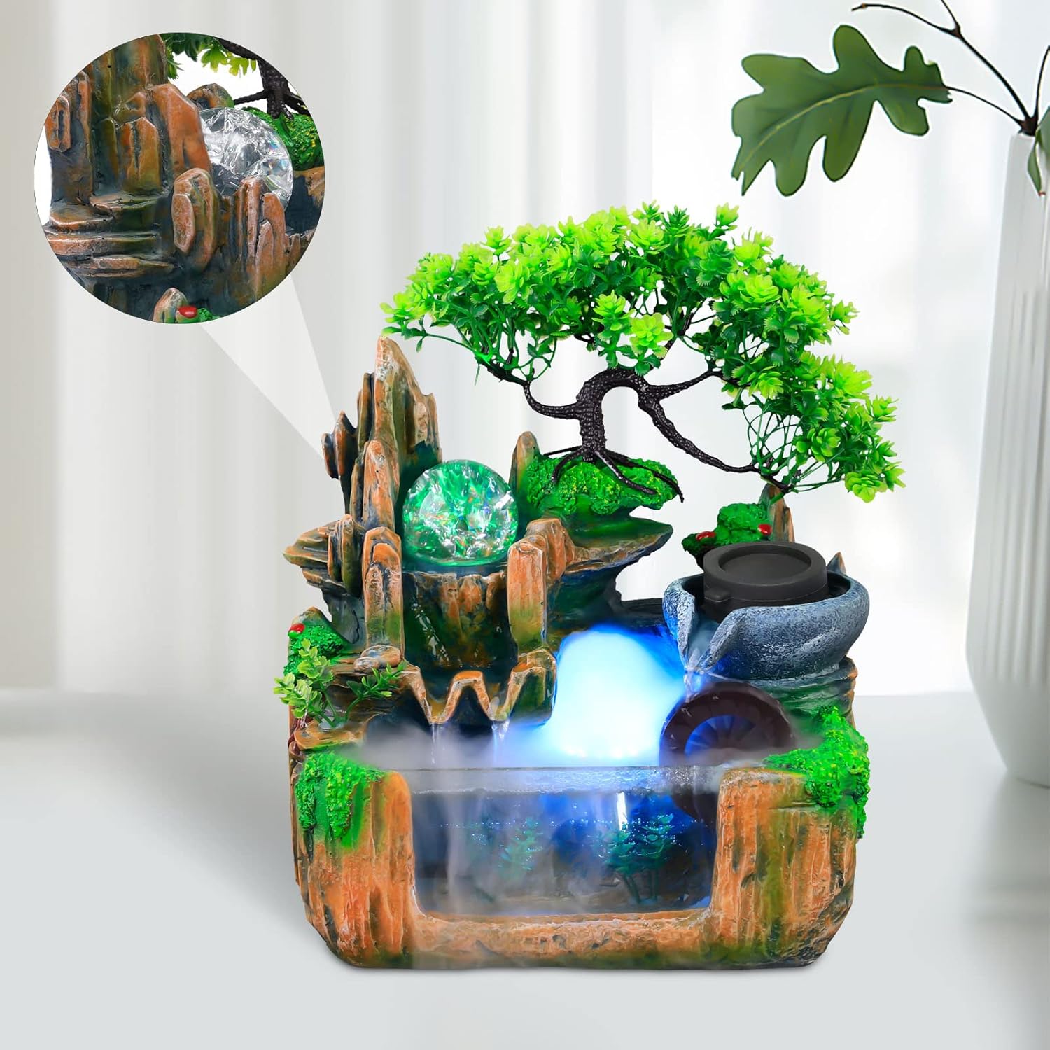 10 Inch Bonsai Tree Water Fountain with LED Light and Atomizer