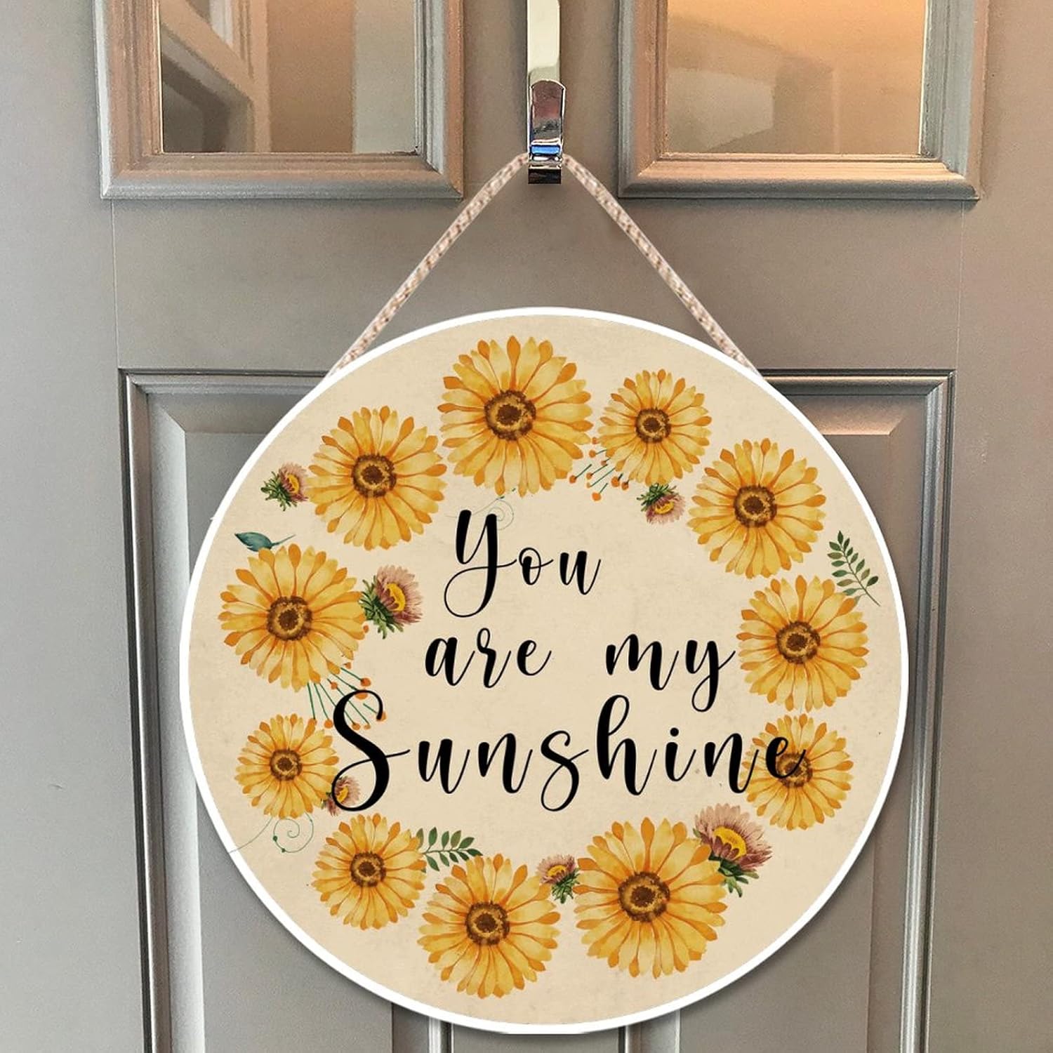 Farmhouse Door Hanger Vintage Sunflower Wreath Bee Wood Sign 12x12in