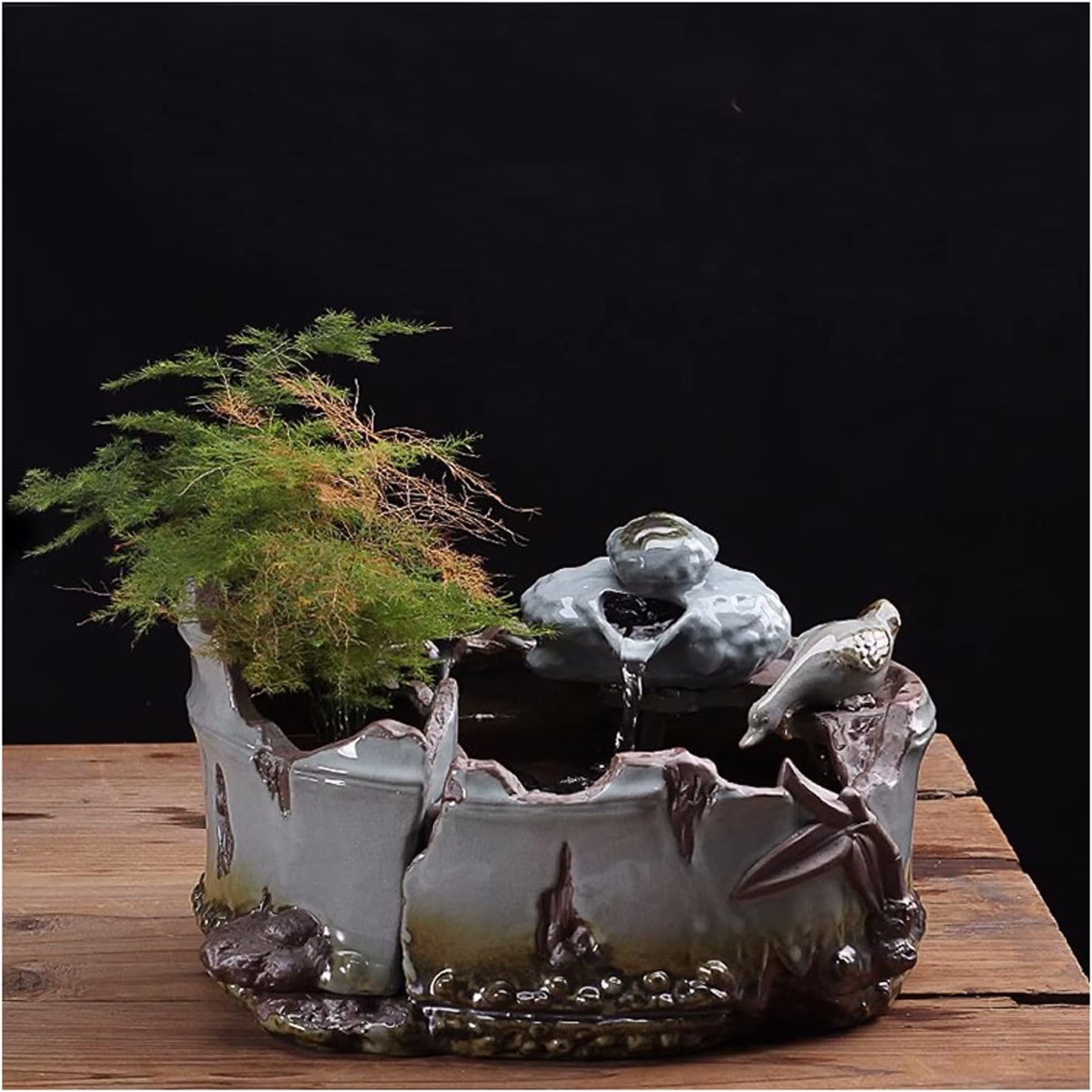 Tabletop Ceramic Fountain with Bamboo Basin Design