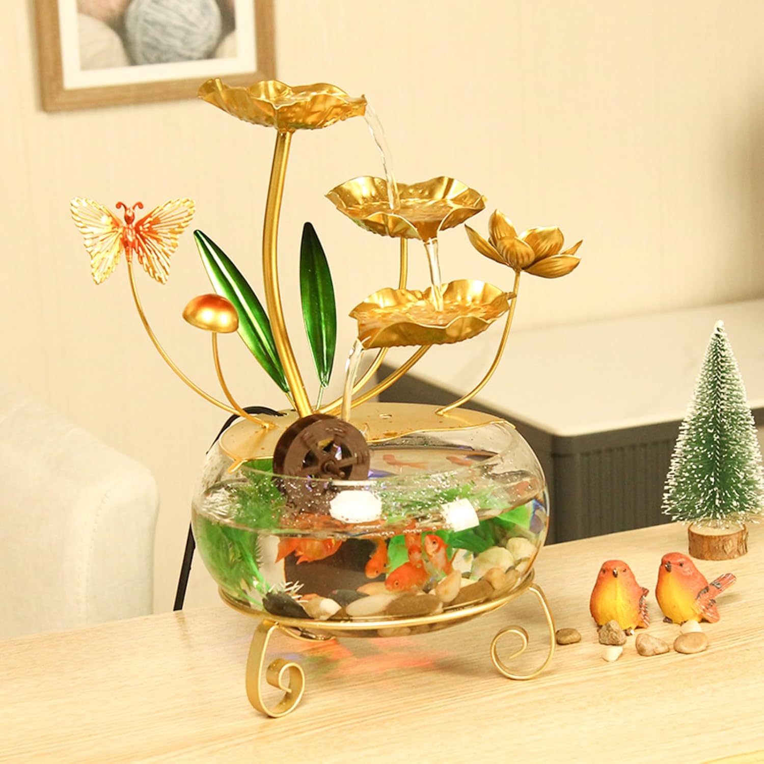 Modern Lotus Leaf Tabletop Fountain with LED Light and Butterfly Design