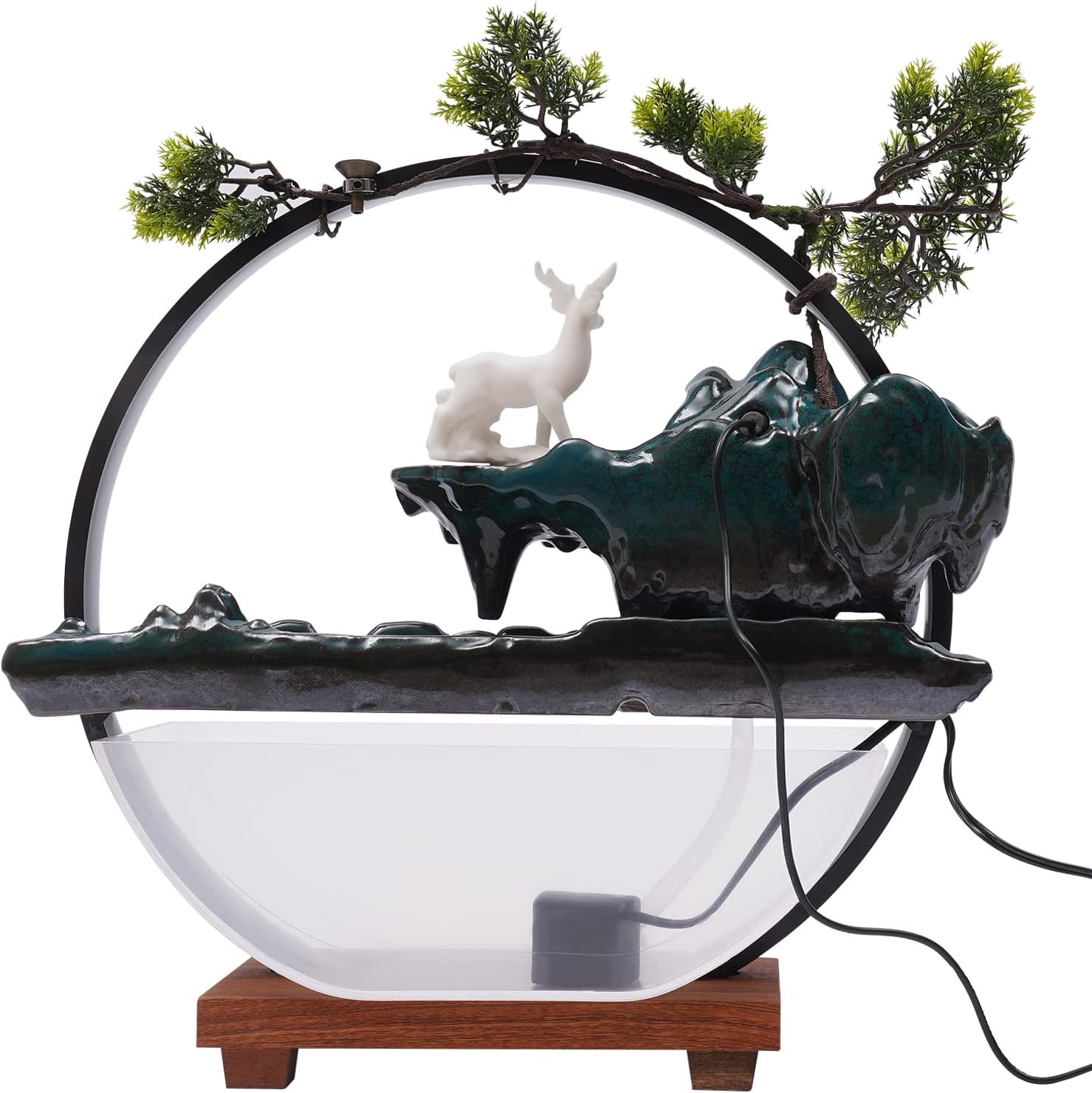 Tabletop Fountain with LED Light Loop Deer and Fish Decor