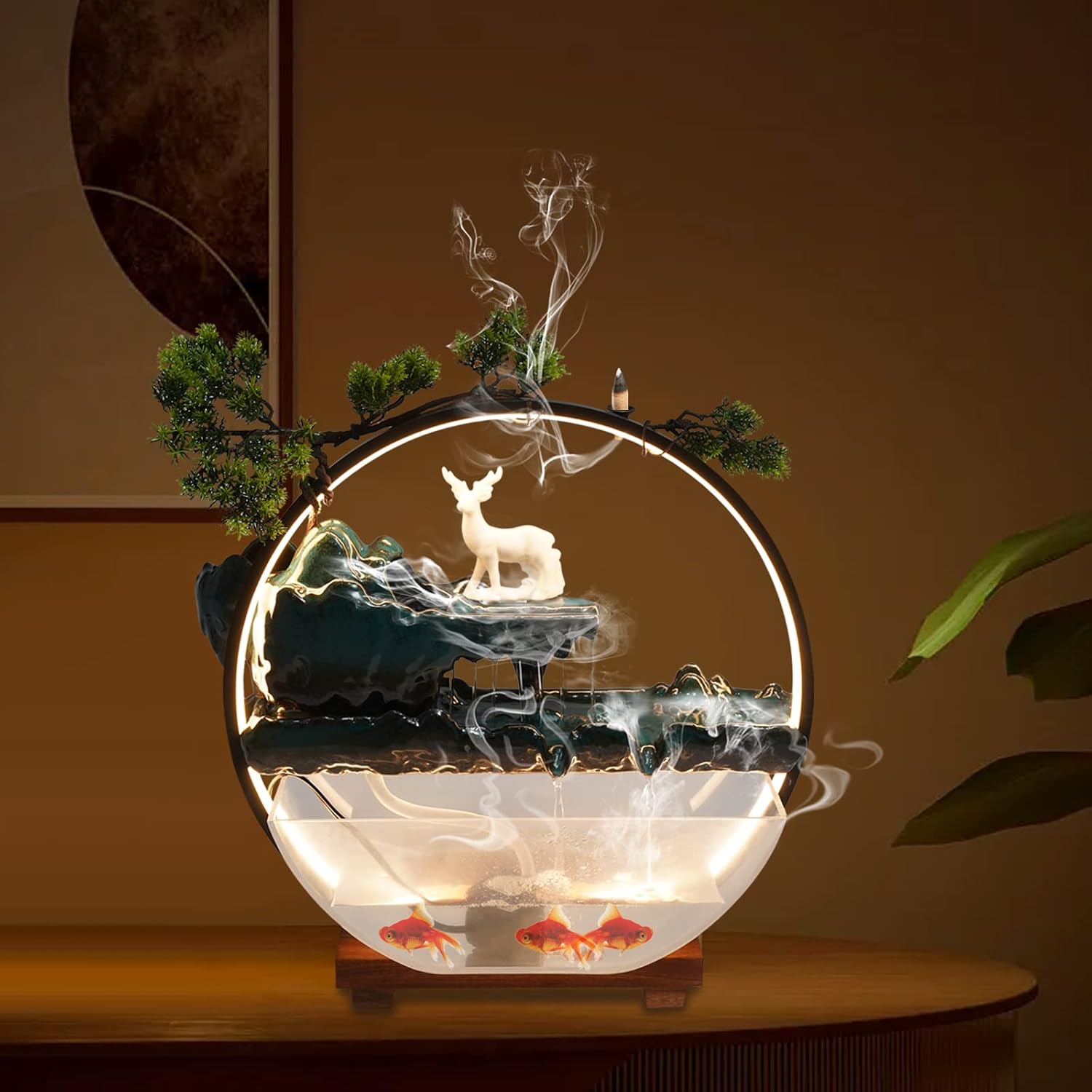Tabletop Fountain with LED Light Loop Deer and Fish Decor