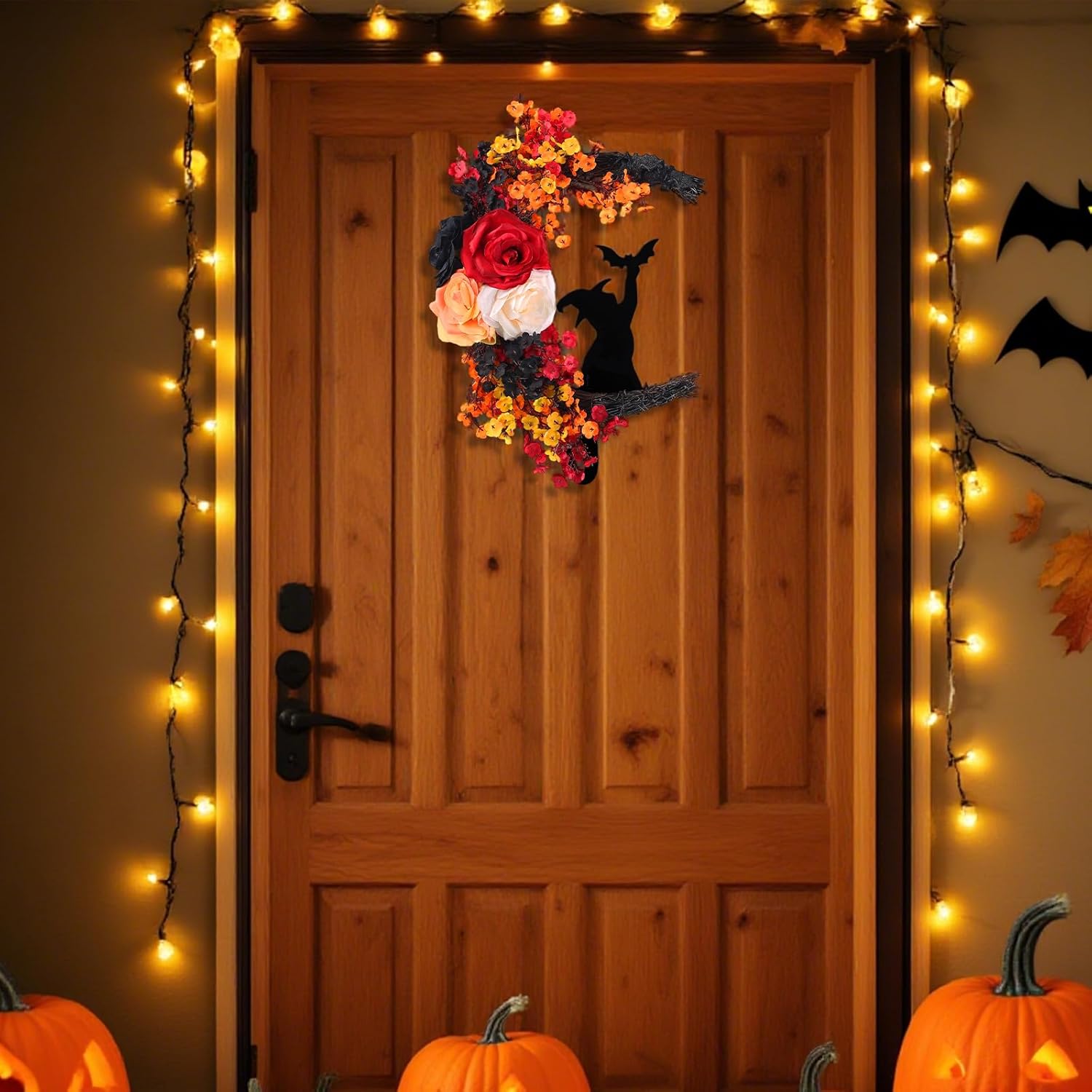 2025 Halloween Door Wreath Black Cat and White Rose