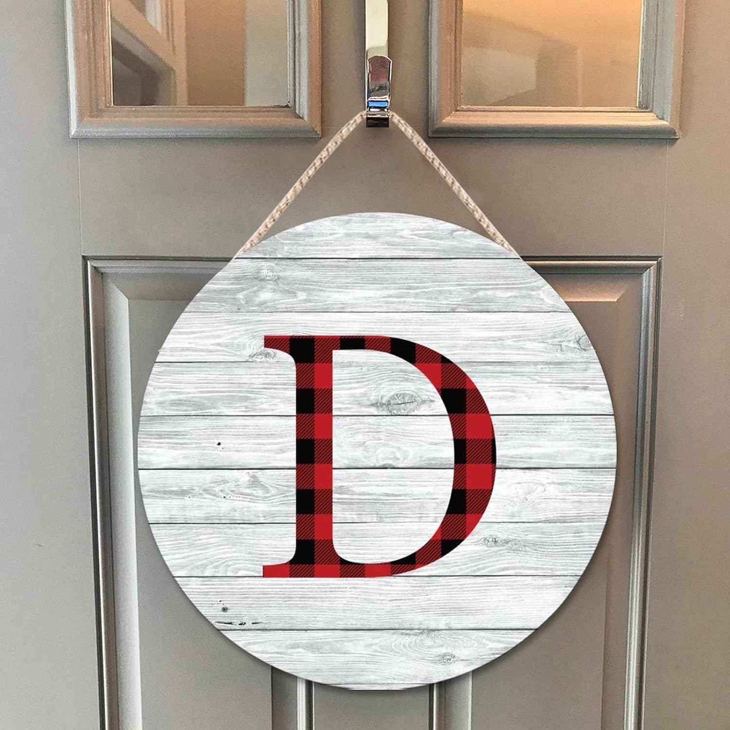 Farmhouse Front Door Hanger Red Black Buffalo Plaid Christmas Monogram Alphabet D Wood Sign