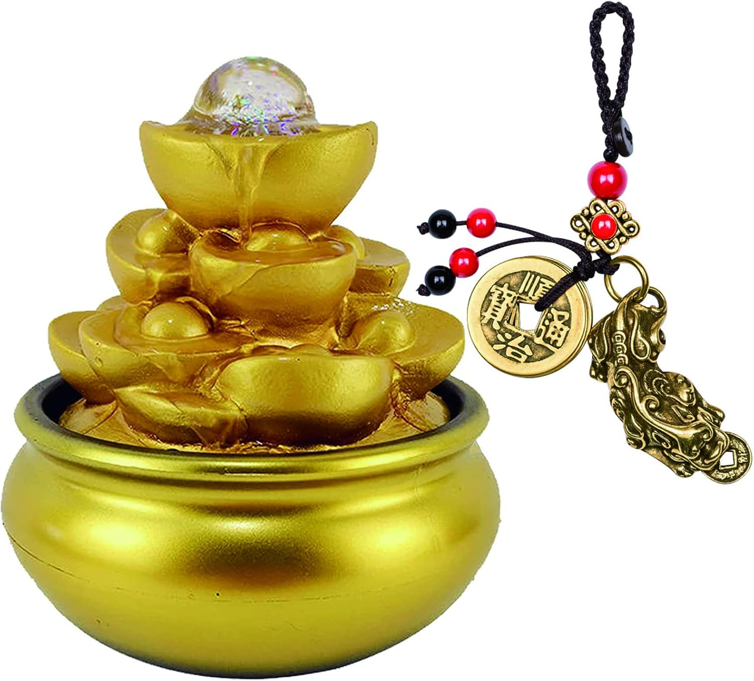 Feng Shui Gold Ingot Tabletop Waterfall Fountain with Lights and Rolling Crystal Ball