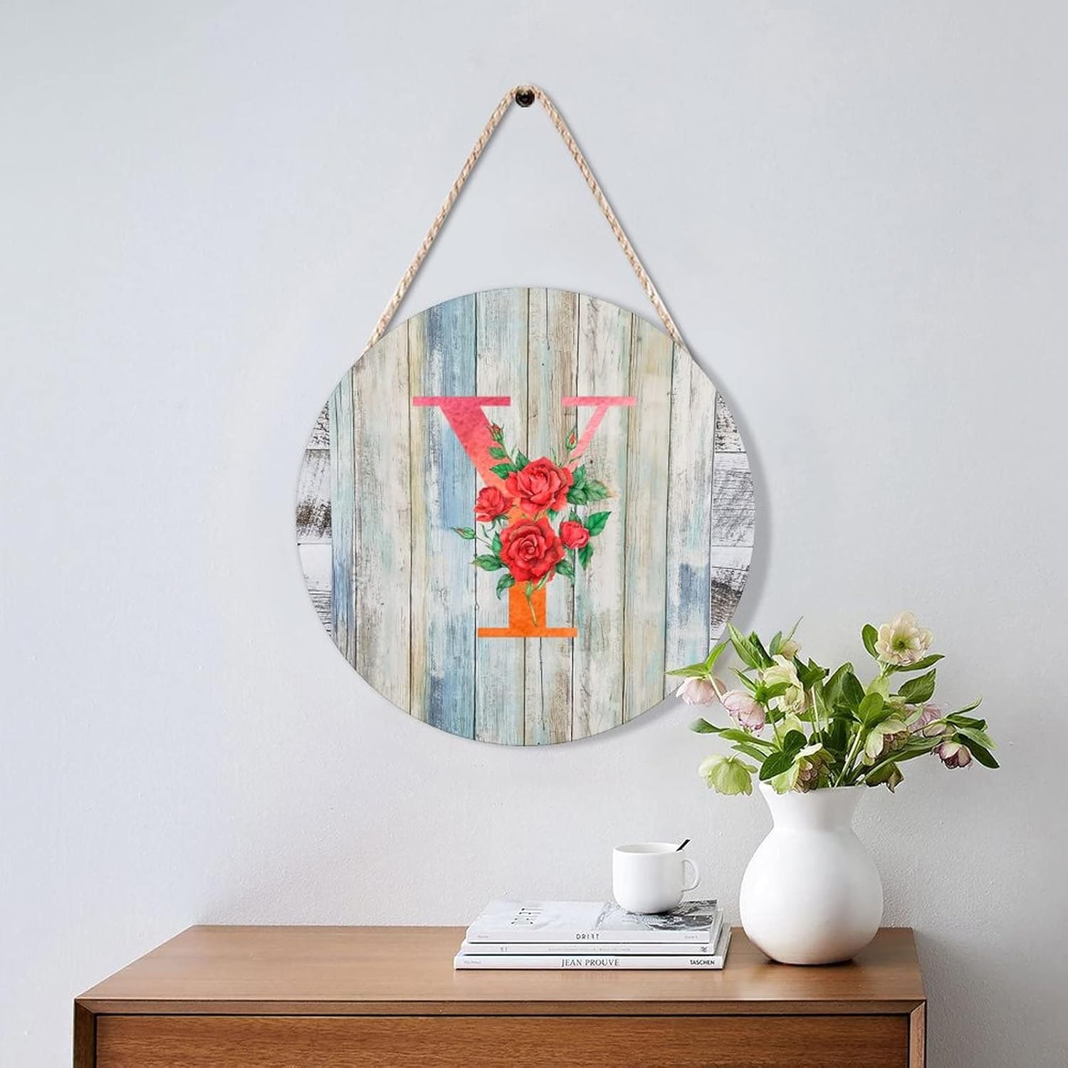 Farmhouse Door Hanger Red Floral Alphabet Letter Y Wood Sign