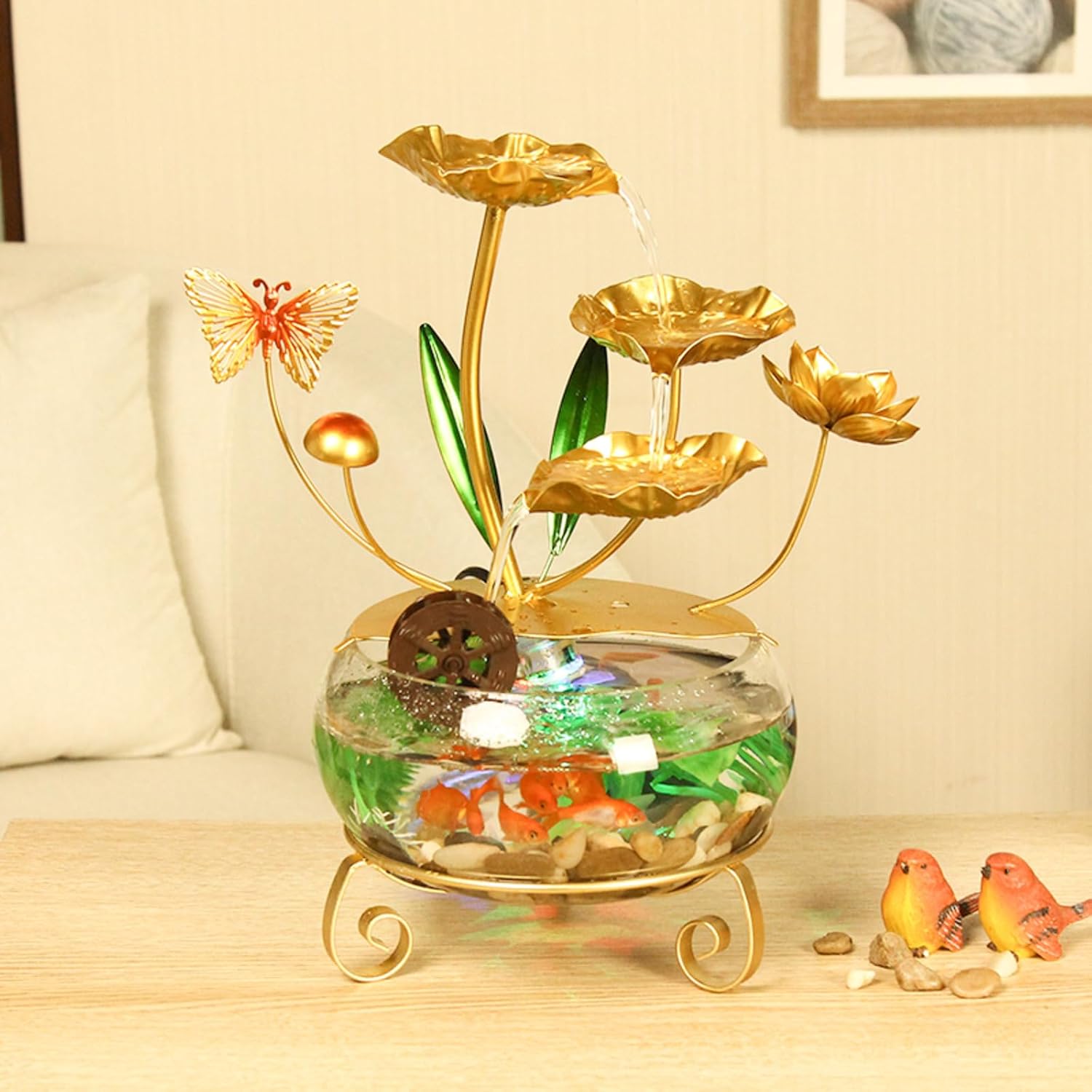 Modern Lotus Leaf Tabletop Fountain with LED Light and Butterfly Design