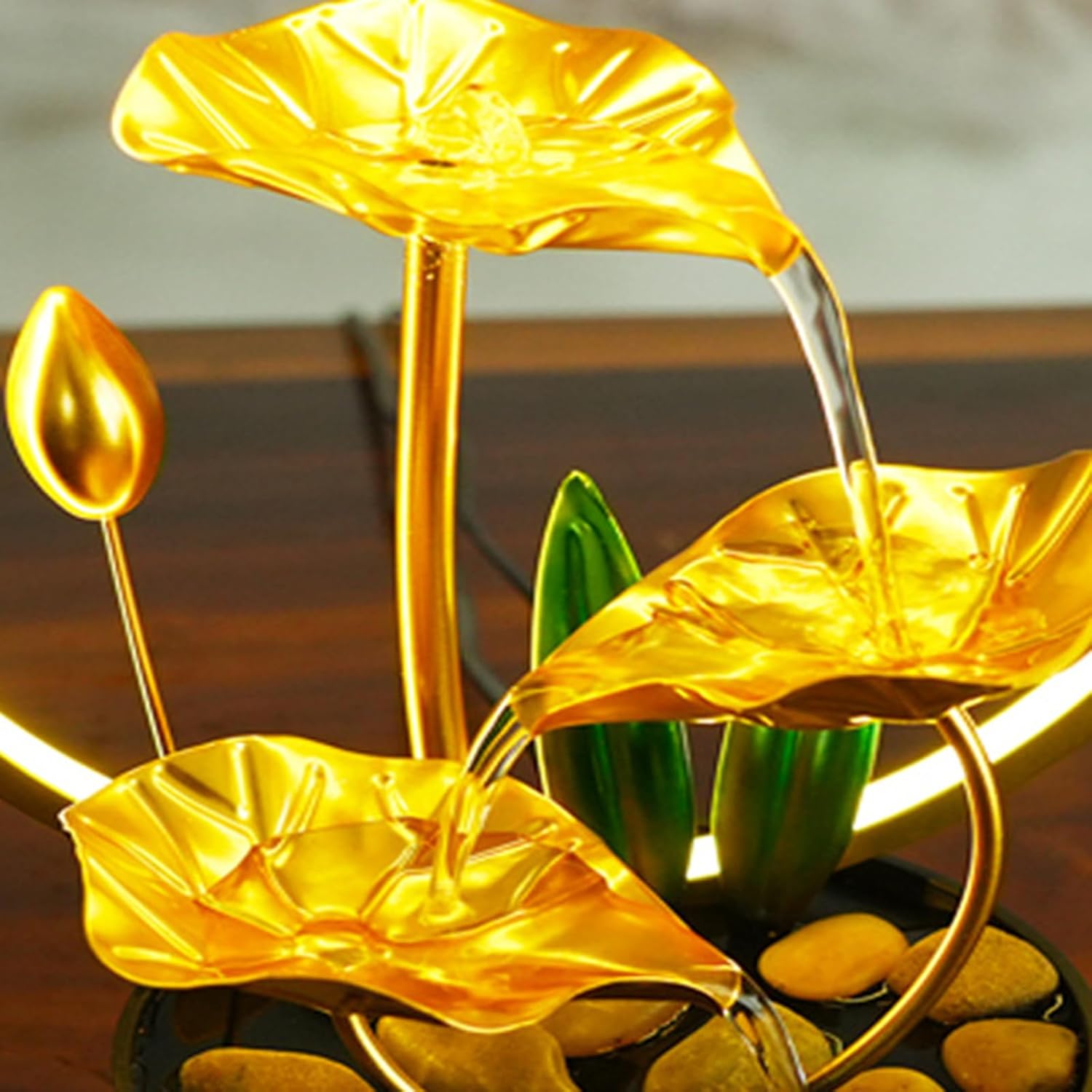 White Tabletop Fountain Indoor Metal Lotus Leaf Decor