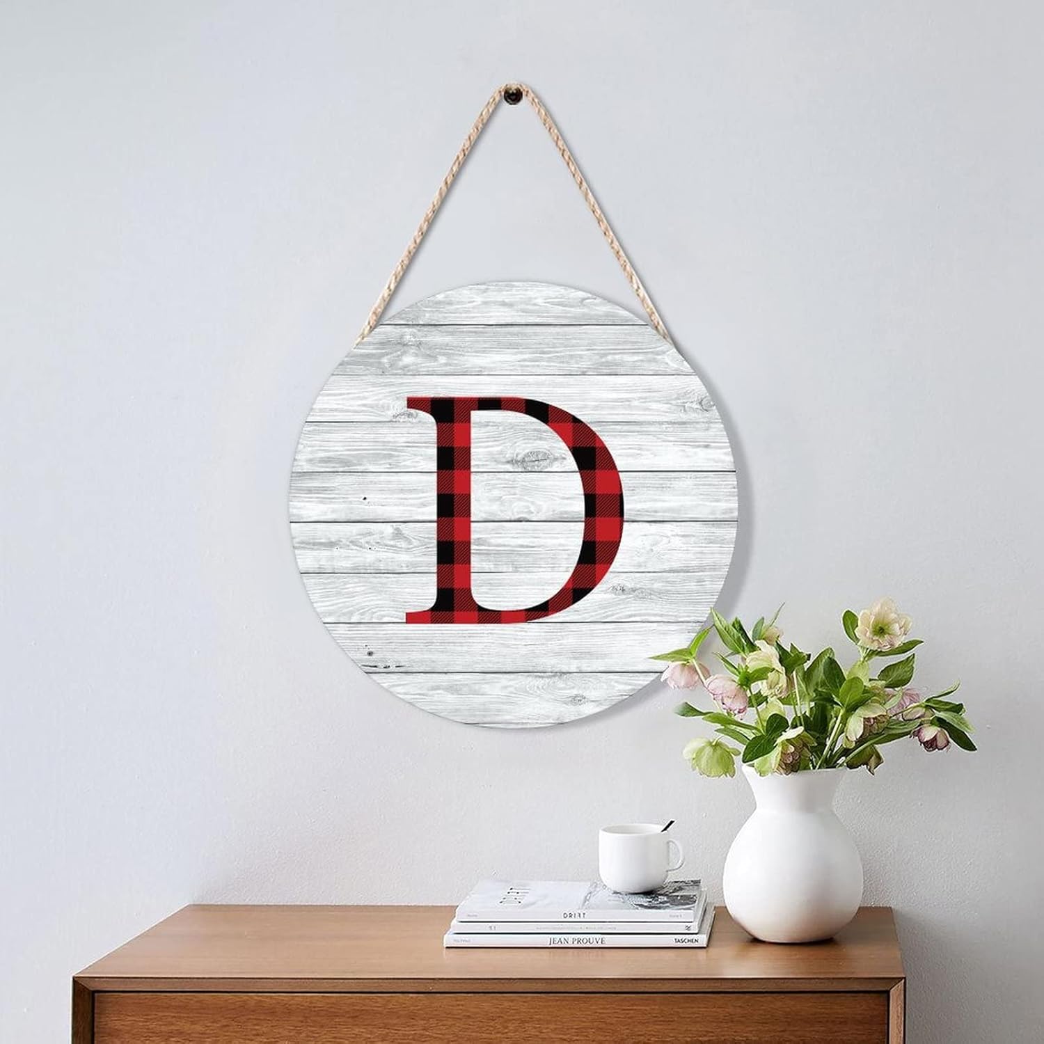 Farmhouse Front Door Hanger Red Black Buffalo Plaid Christmas Monogram Alphabet D Wood Sign