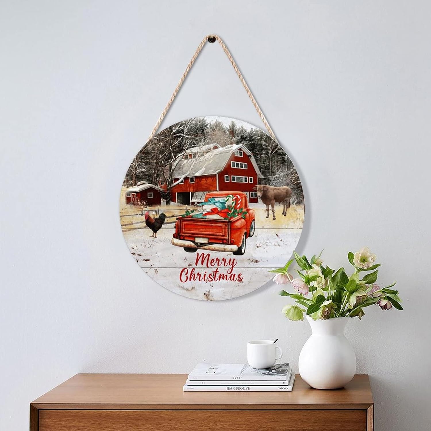 Farmhouse Front Door Hanger with Christmas Animals and Tree