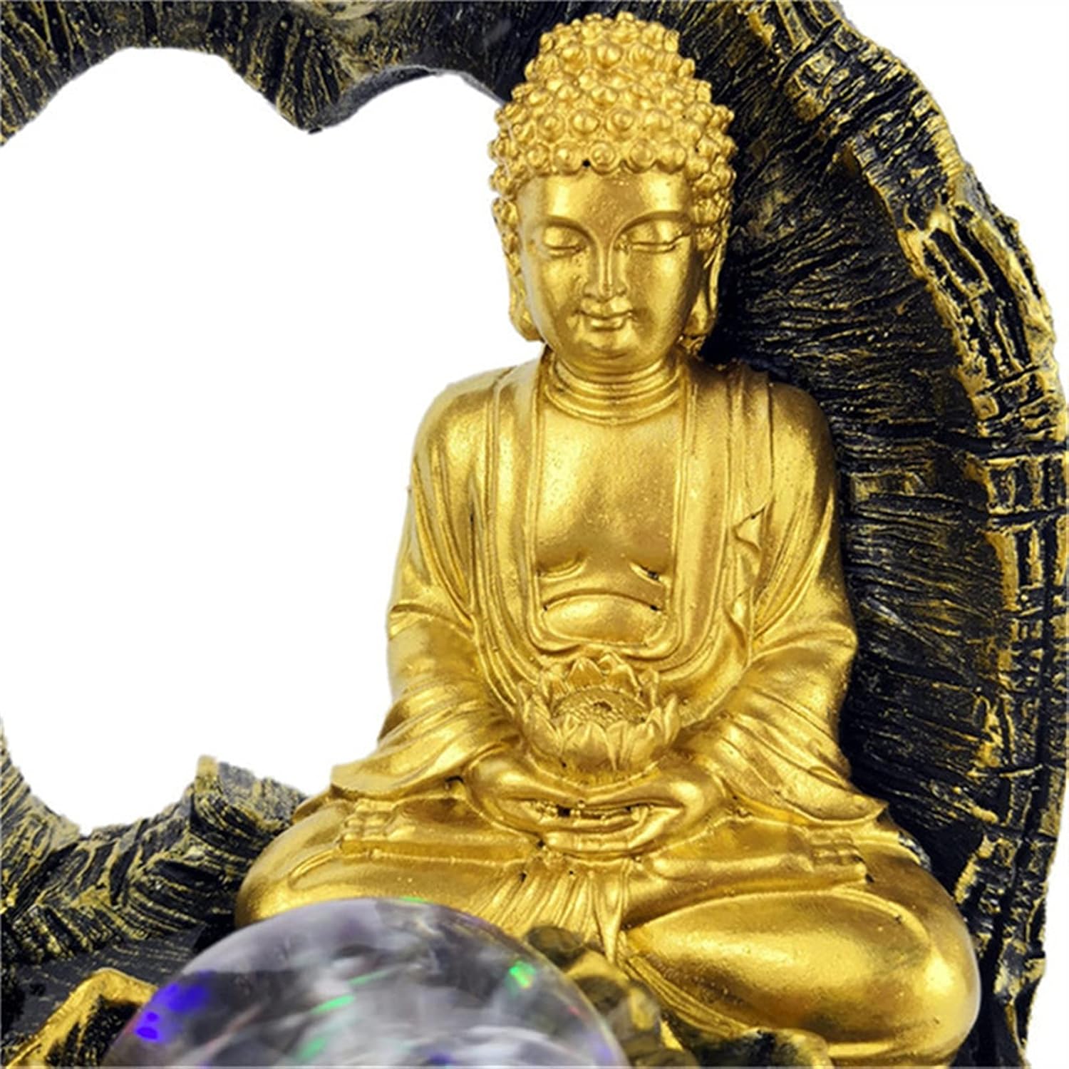 Golden Lotus Buddha Desktop Water Fountain with Glowing Ball