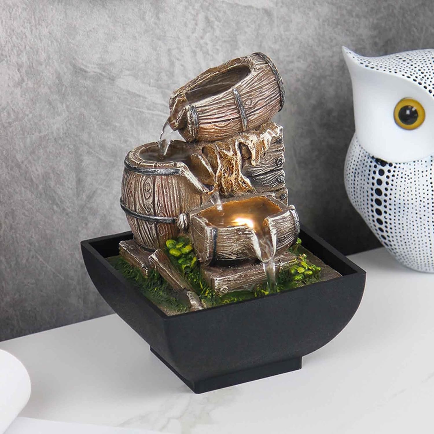 Tabletop Fountain with LED Light and Wood Barrel Design