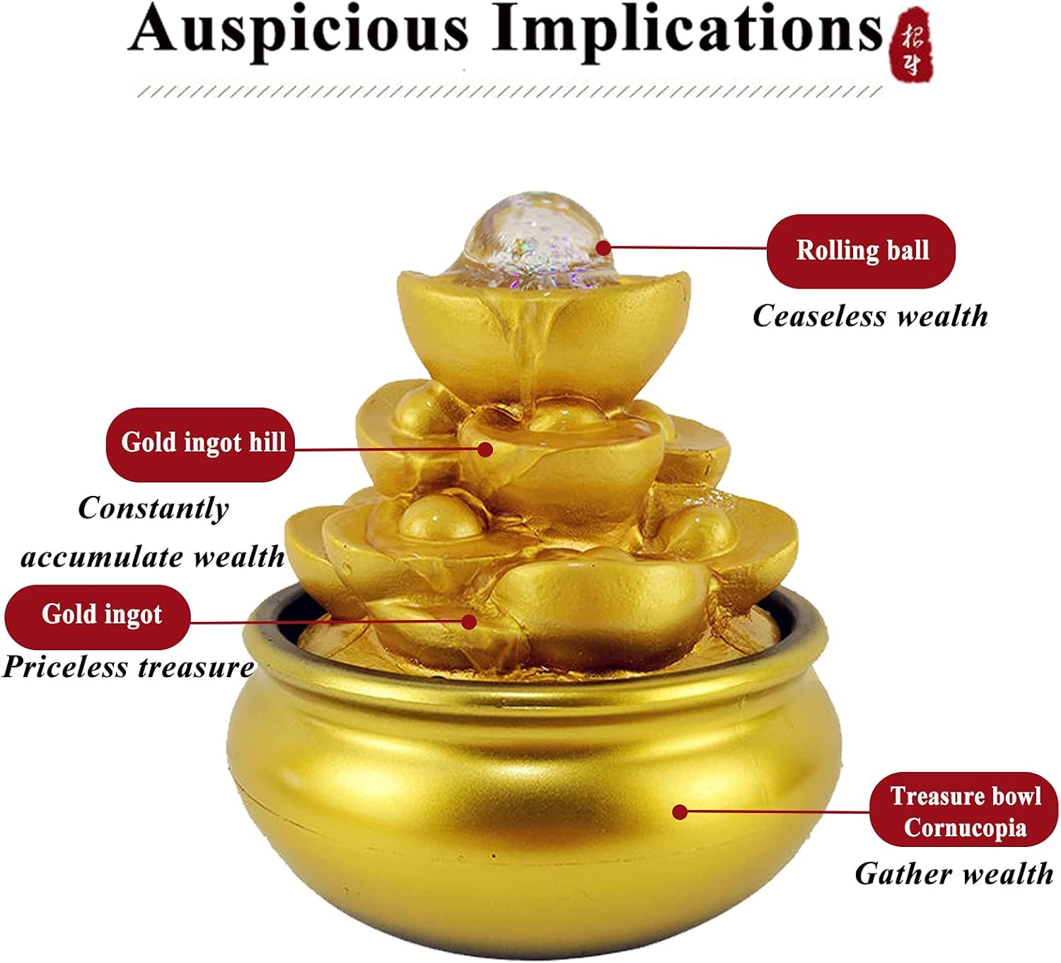 Feng Shui Gold Ingot Tabletop Waterfall Fountain with Lights and Rolling Crystal Ball