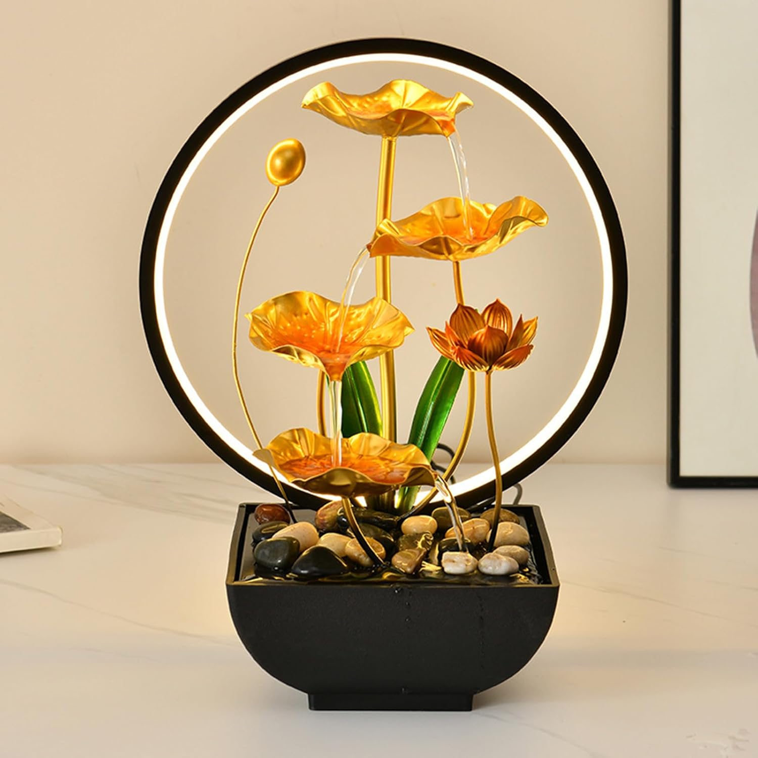 4 Layer Metal Lotus Tabletop Water Fountain for Home Office Decor
