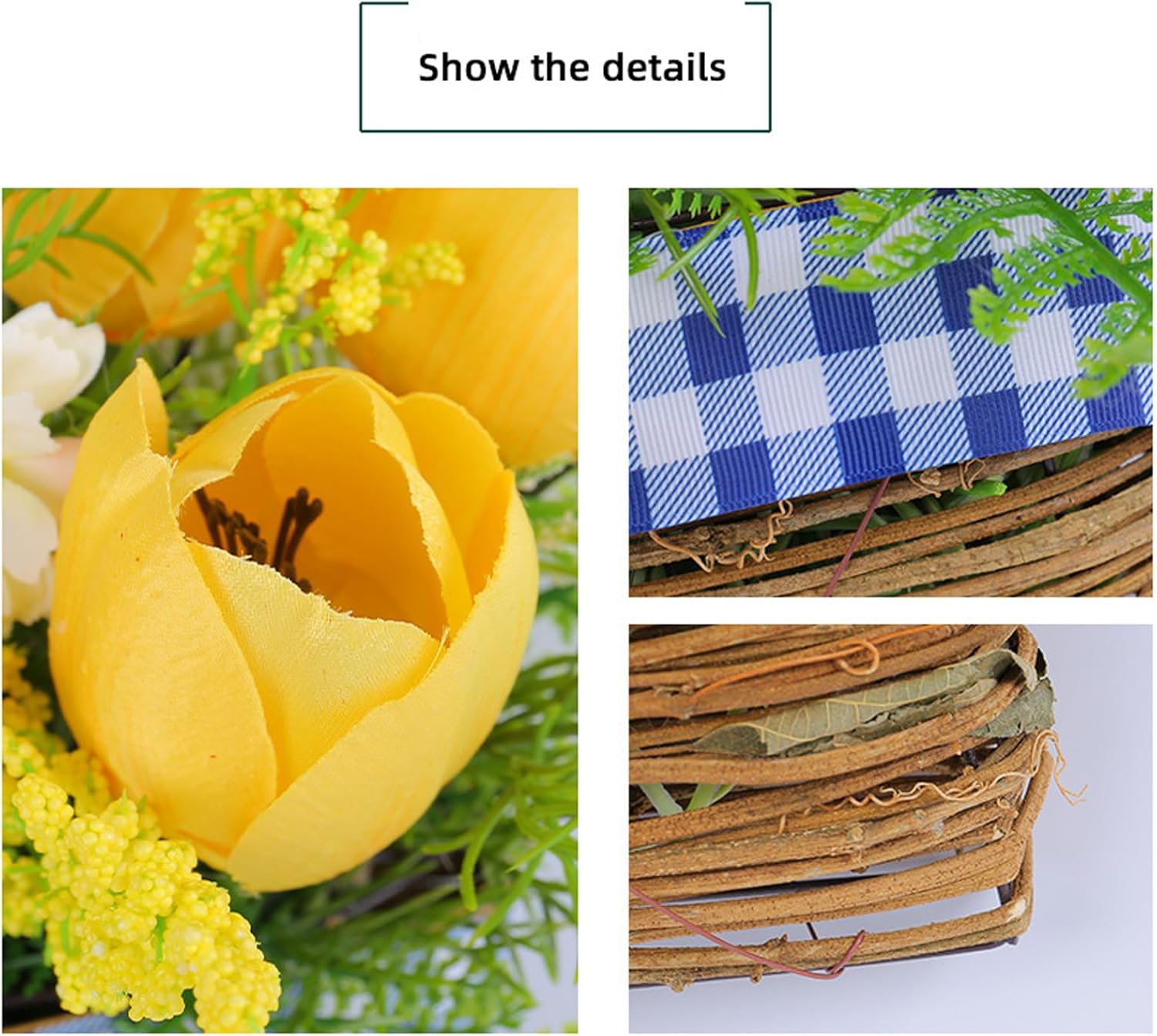 Belupai Spring Door Wreath with Artificial Tulips and Plaid Bow