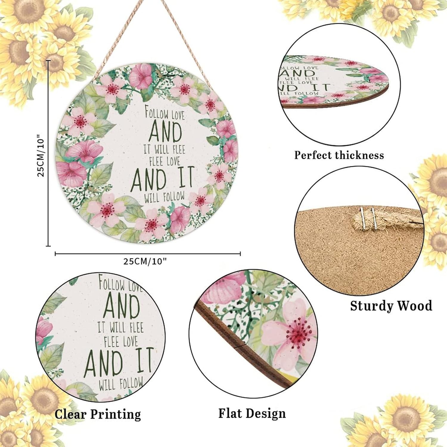 Farmhouse Door Hanger Vintage Floral Wreath Wood Sign 10x10in