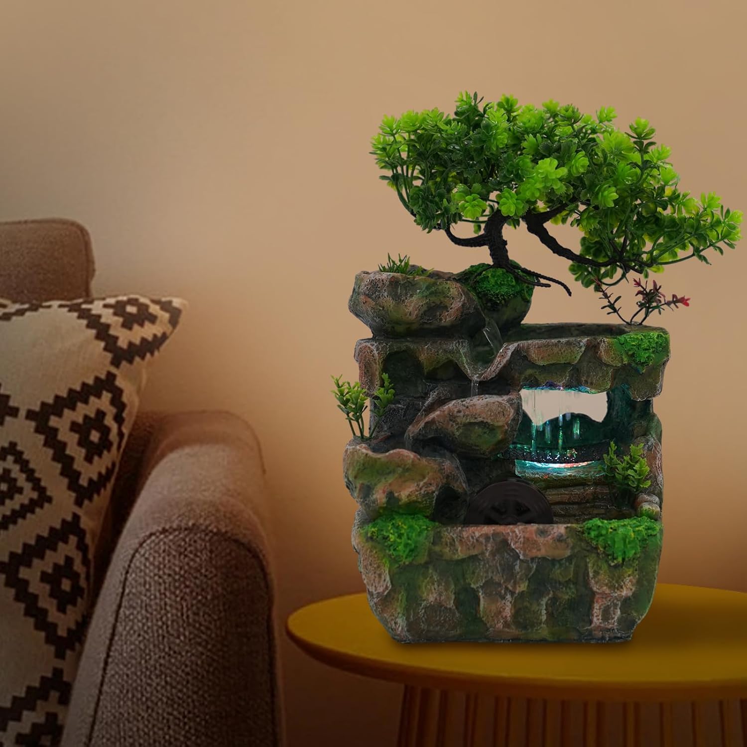 Tabletop Water Fountain with LED Light and Artificial Tree