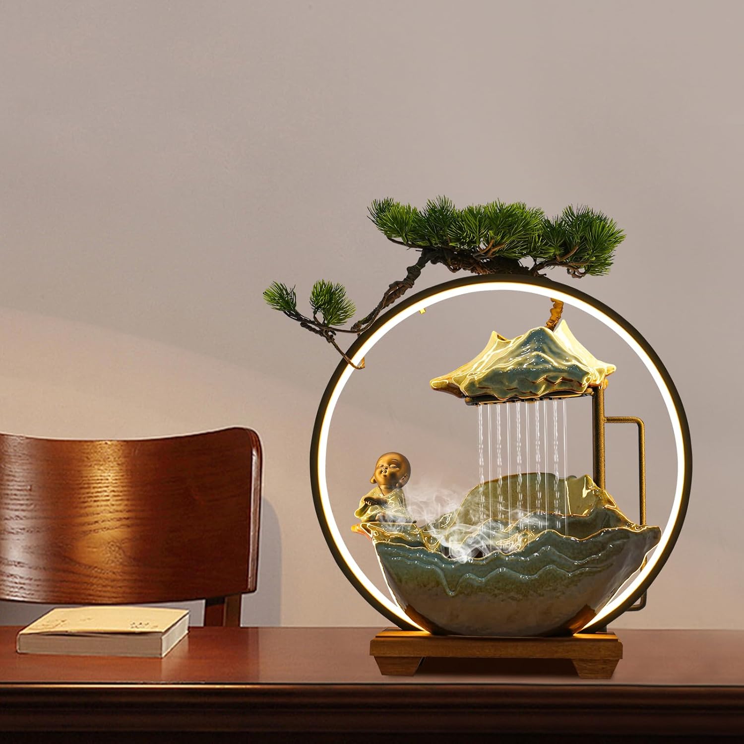 Cute Monk Statue Waterfall Humidifier with LED Light and Atomizer Mist