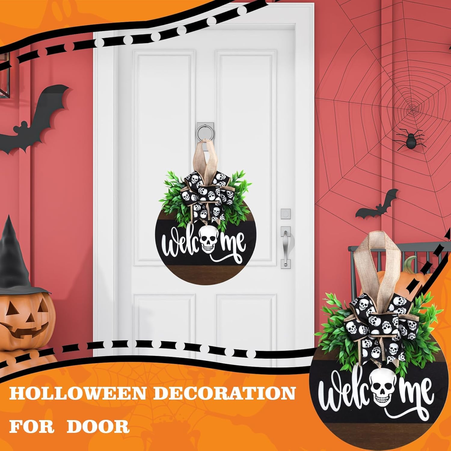 Halloween Wooden Welcome Sign with Spooky Skull and Bow