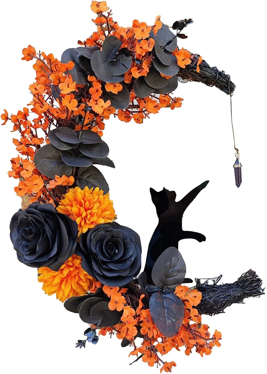Halloween Wreath with Black Cat and Crescent Moon Design