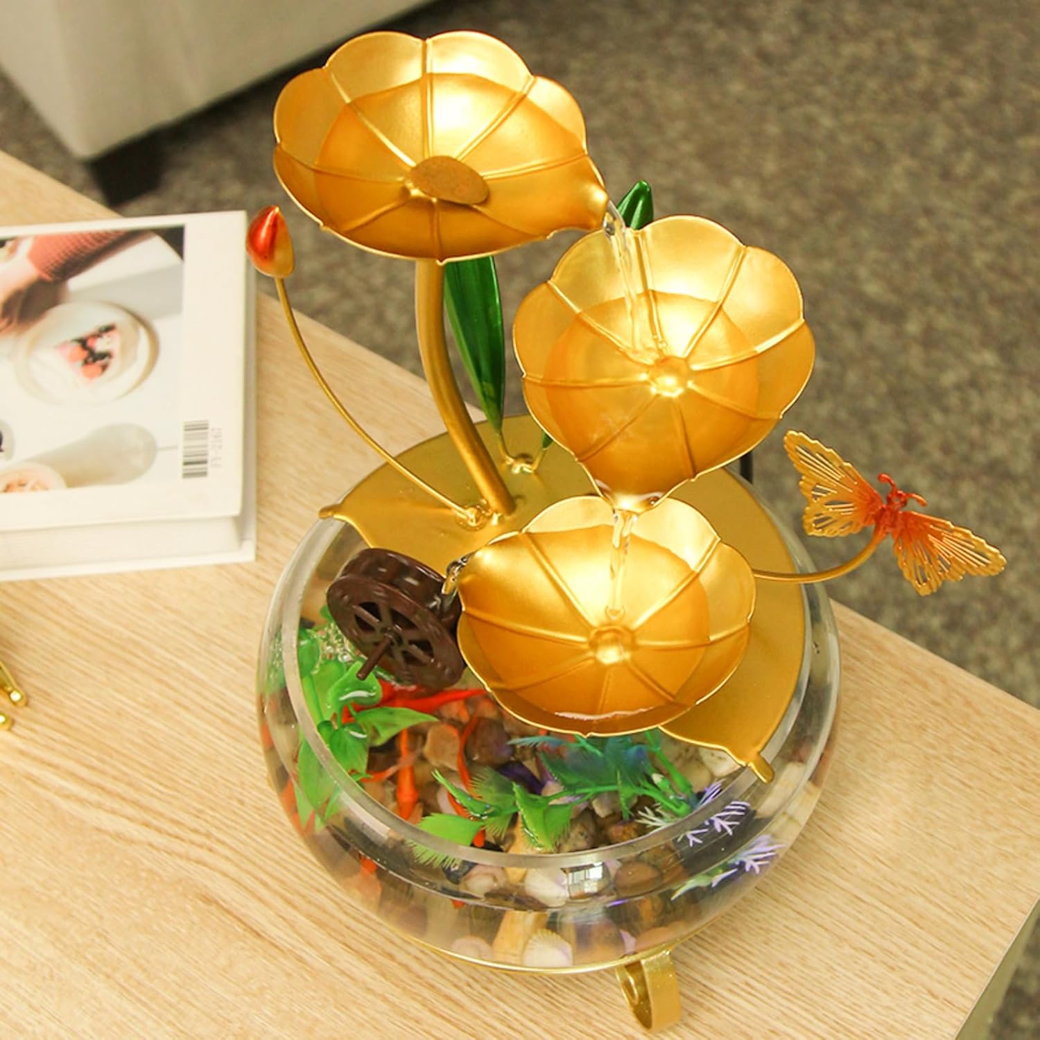 LED Lotus Flower Tabletop Water Fountain with Butterfly and Fish Tank