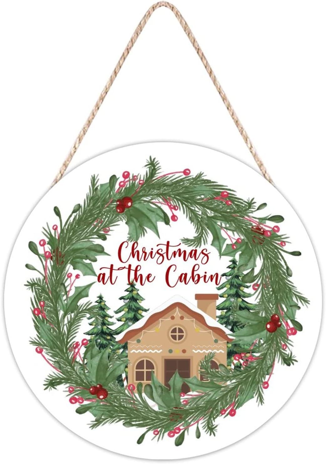 Christmas Cabin Holly Wreath Wood Door Hanger 10x10in